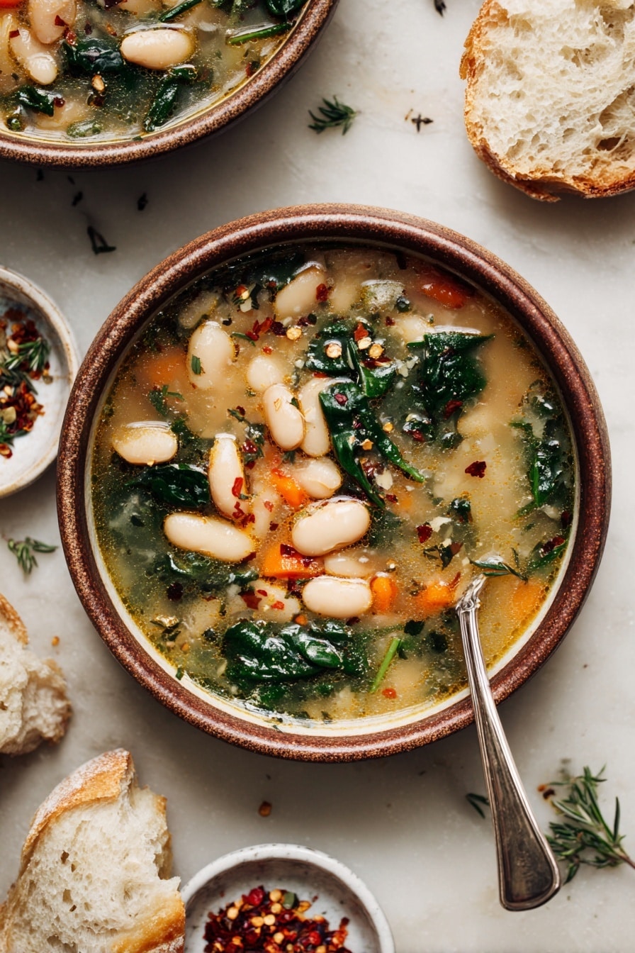 The image shows a bowl filled with a light brown broth soup containing several white beans scattered throughout. There are dark green spinach leaves and small carrot slices floating on top, with some black pepper and red chili flakes sprinkled over the surface. The soup looks warm with some oil droplets shining on the broth. The bowl is a brown ceramic one, placed on a white marbled surface with a silver spoon beside it. Around the bowl, there are pieces of crusty cream-colored bread and scattered herbs. A partial view of another bowl with the same soup and a small white dish with red chili flakes are also visible nearby. Photo taken with an iphone --ar 2:3 --v 7 - Tuscan White Bean Soup, hearty Italian soup, easy white bean soup, vegetarian Italian soup, comforting bean soup
