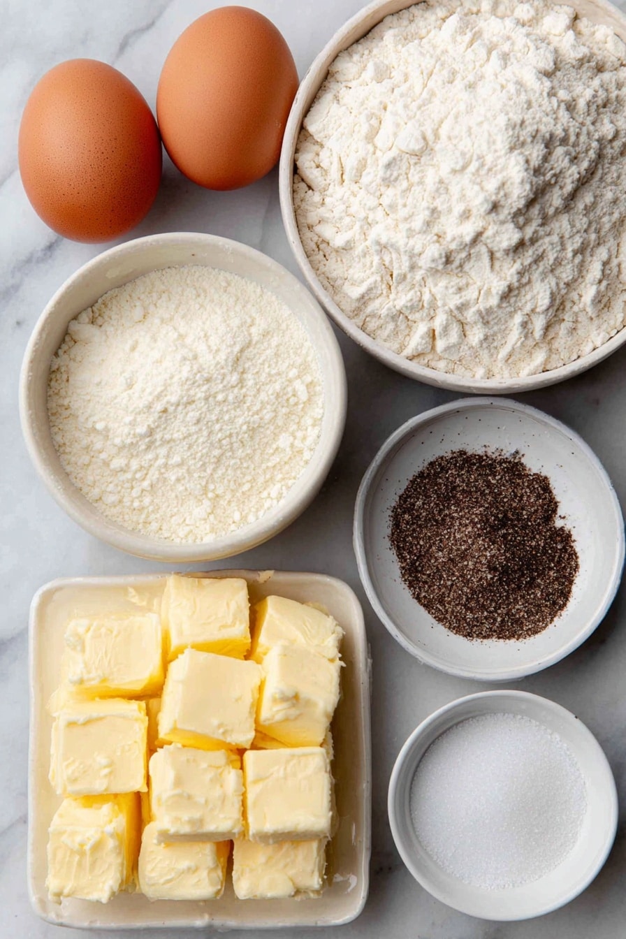Flat lay of two whole uncracked eggs with clean shells, a small white ceramic bowl of pale yellow unsalted butter cubes, a small white ceramic bowl of plain all-purpose flour, a small white ceramic bowl of finely ground black pepper, a small white ceramic bowl of onion powder, two chicken and beef stock cubes side by side, and a small white ceramic bowl of clear boiling water, placed on a clean white marble surface, soft natural light, photo taken with an iPhone, professional food photography style, fresh ingredients, white ceramic bowls, no bottles, no duplicates, no utensils, no packaging --ar 2:3 --v 7 --p awthu7i m7354615311229779997 - KFC copycat flavor gravy, homemade gravy recipe, quick gravy recipe, easy comfort food gravy, savory gravy for chicken and mashed potatoes