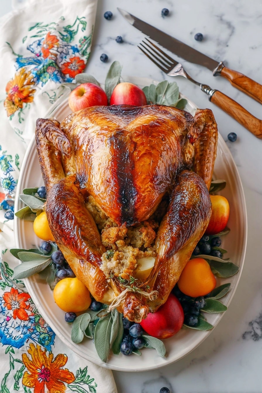 A whole roasted turkey with shiny, deep golden brown skin is placed on a white oval plate. The turkey's skin shows some darker, richer brown areas on the wings and top, with the legs tied together at the front. Inside the turkey is visible stuffing made of light brown ingredients and small herbs. Around the turkey on the plate are bright red apples, small apricot yellow fruits, and a bunch of plump, dark blueberries mixed with green eucalyptus leaves. The plate sits on a white marbled surface, and beside it are a wooden-handled fork and a black-handled knife. A white towel with colorful floral designs in blue, orange, and yellow is partly shown behind the plate. photo taken with an iphone --ar 2:3 --v 7 - Maple Glazed Turkey, holiday turkey recipes, juicy roasted turkey, savory maple turkey glaze, festive turkey main dish