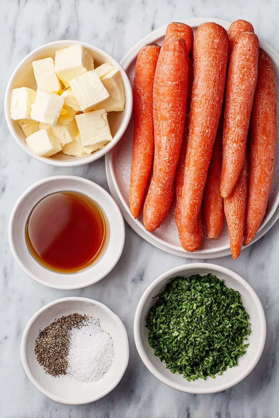 Flat lay of fresh medium carrots whole and cut into thinner strips, small cubes of creamy butter, a small white bowl of pure amber maple syrup, a small white bowl of coarse kosher salt crystals, a small white bowl of freshly ground black pepper, and a small white bowl filled with minced bright green parsley, all arranged symmetrically on a simple white ceramic plate and bowls, placed on a clean white marble surface, soft natural light, photo taken with an iPhone, professional food photography style, fresh ingredients, white ceramic bowls, no bottles, no duplicates, no utensils, no packaging --ar 2:3 --v 7 --p awthu7i m7354615311229779997 - Maple Roasted Carrots, roasted carrot side dish, sweet roasted carrots, healthy vegetable recipes, festive side dishes