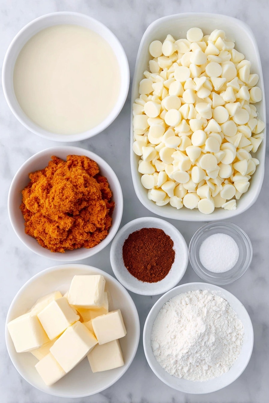 Flat lay of premium white chocolate chips in a small heap, a small white ceramic bowl filled with thick sweetened condensed milk, a few cubes of unsalted butter, a small white bowl with vibrant orange pumpkin puree, a tiny white bowl containing warm brown pumpkin pie spice powder, a small white bowl with fine white cornstarch, a small white bowl holding clear vanilla extract liquid, a small white bowl of smooth white chocolate melting wafers, all arranged symmetrically on a clean white marble surface, soft natural light, photo taken with an iPhone, professional food photography style, fresh ingredients, white ceramic bowls, no bottles, no duplicates, no utensils, no packaging --ar 2:3 --v 7 --p awthu7i m7354615311229779997 - Pumpkin White Chocolate Fudge, pumpkin fudge, white chocolate fudge, fall dessert recipes, easy holiday fudge