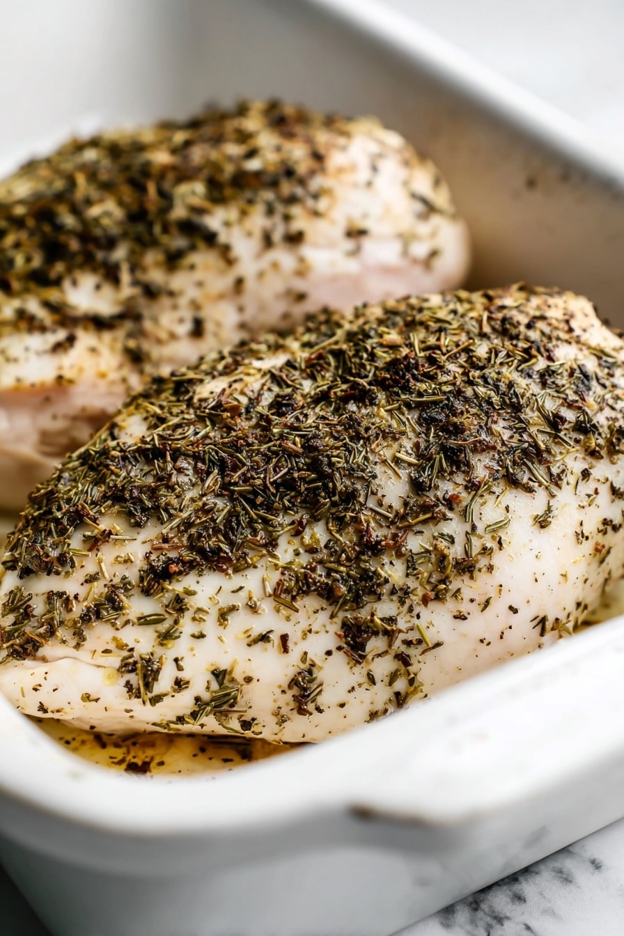 The image shows two cooked chicken pieces in a white baking dish sitting on a white marbled surface. Each chicken piece is covered with a mix of dark green and brown dried herbs, giving a textured look on the creamy white and light pink meat layers. The chicken pieces are placed close to each other, with the front piece showing more herb coverage and texture, while the back piece is slightly blurred to show depth. The edges of the dish and the surface around it are clean and simple. photo taken with an iphone --ar 2:3 --v 7 - Herb Baked Chicken Breast, baked chicken breast, juicy chicken recipes, healthy chicken main dishes, easy chicken dinner ideas
