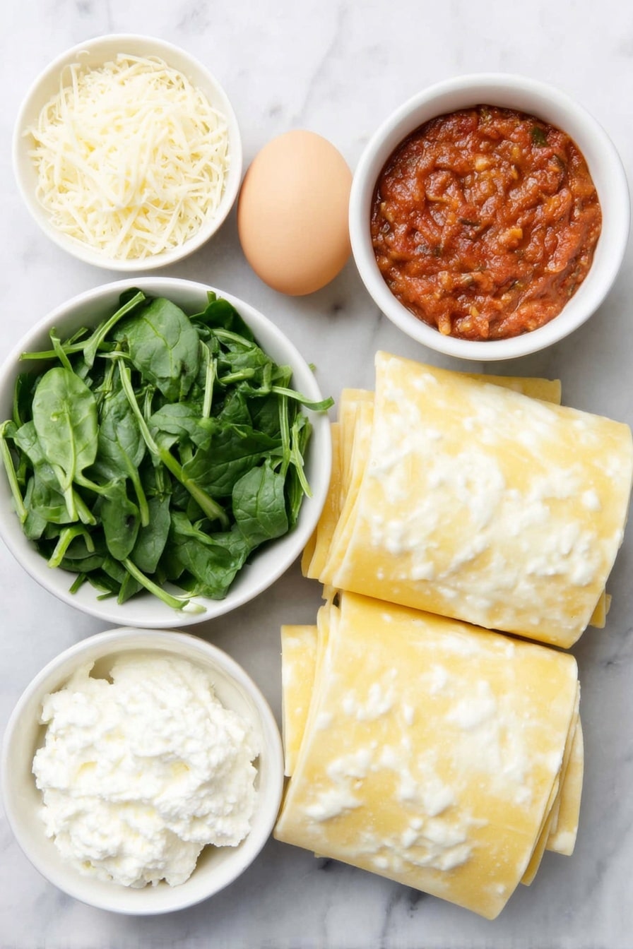 Flat lay of a few uncooked wheat lasagna noodles neatly stacked, a small heap of fresh bright green spinach leaves, a large whole brown egg with a clean shell, a small white ceramic bowl of thick homemade marinara sauce rich red with visible tomato chunks, a small white bowl filled with creamy white ricotta cheese, a small white bowl of finely grated pale yellow Parmesan cheese, a small white bowl of shredded white mozzarella cheese, all ingredients arranged symmetrically on a clean white marble surface, soft natural light, photo taken with an iPhone, professional food photography style, fresh ingredients, white ceramic bowls, no bottles, no duplicates, no utensils, no packaging --ar 2:3 --v 7 --p awthu7i m7354615311229779997 - Spinach Lasagna Roll-Ups, spinach lasagna, cheesy spinach pasta, healthy lasagna alternatives, easy spinach roll-ups