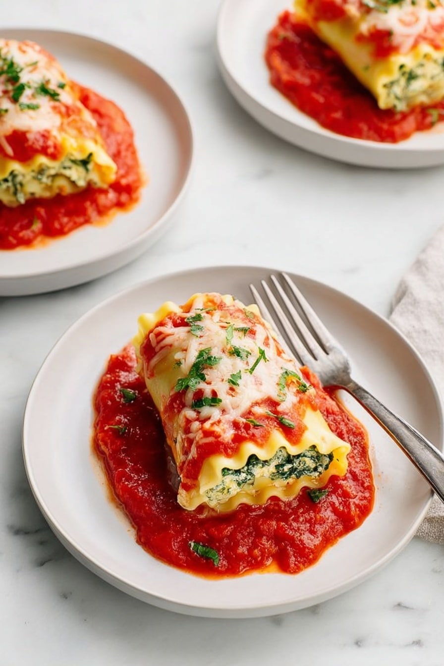 The image shows three white plates on a white marbled surface, each with one piece of rolled lasagna. Each lasagna roll has about three layers of pale yellow pasta with visible green spinach inside. They are topped with melted white cheese and sprinkled with small green herb pieces. The lasagna rolls sit on a bright red tomato sauce that spreads under and around them on the plates. One plate in the front has a silver fork on its right side, partly resting on the plate. The photo is lit brightly, showing clear details and fresh colors. photo taken with an iphone --ar 2:3 --v 7 - Spinach Lasagna Roll-Ups, spinach lasagna, cheesy spinach pasta, healthy lasagna alternatives, easy spinach roll-ups