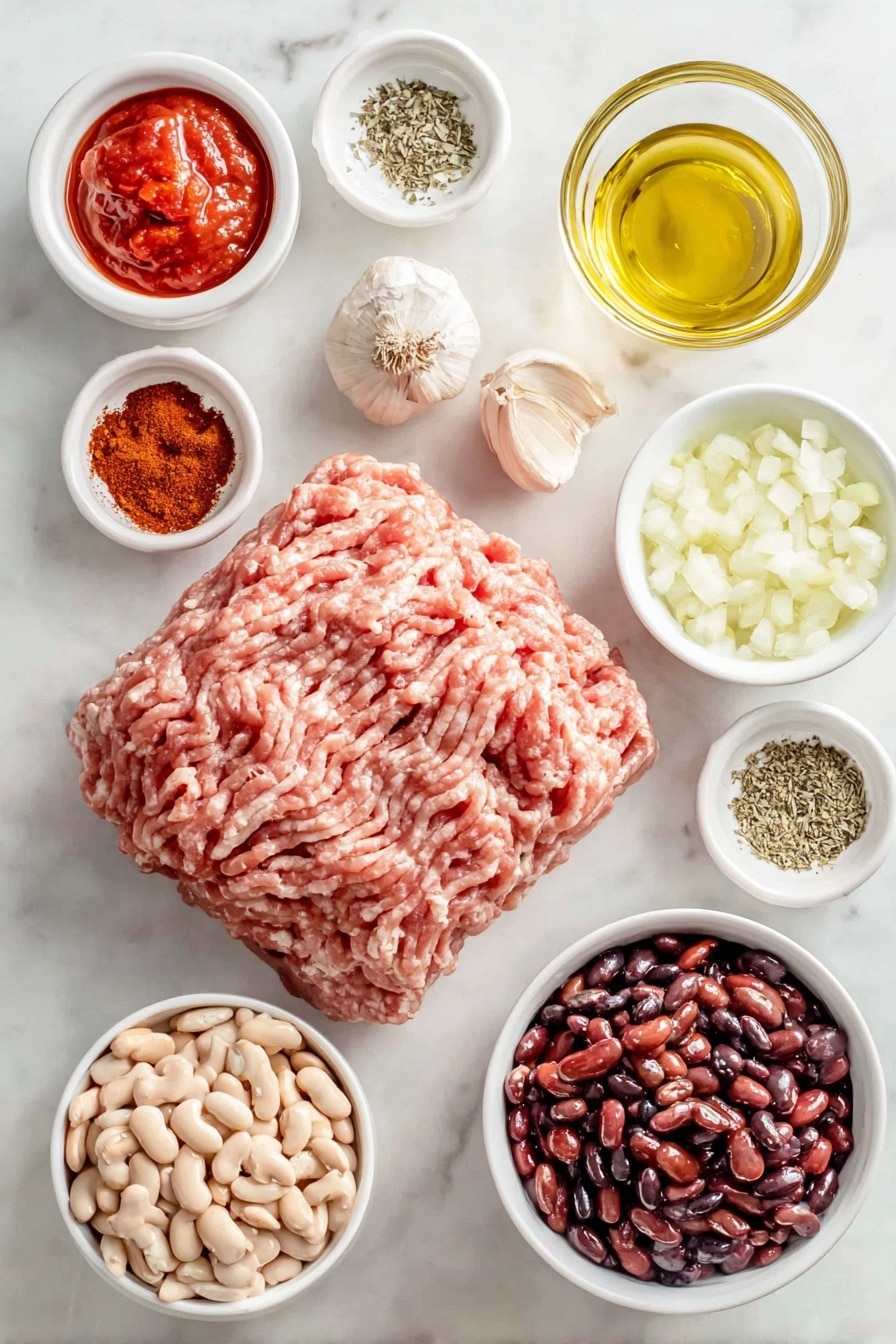 Flat lay of fresh ground turkey shaped into a neat mound, a small white ceramic bowl filled with bright red tomato paste, a small white ceramic bowl holding golden olive oil, a small white ceramic bowl with finely chopped yellow onions, four whole uncracked garlic bulbs, a small white ceramic bowl with deep brown packed brown sugar, a small white ceramic bowl containing rich red chili powder, a small white ceramic bowl with warm tan ground cumin, a small white ceramic bowl of dried oregano leaves, a small white ceramic bowl with coarse white salt, a small white ceramic bowl holding fine black pepper, a small white ceramic bowl with fire roasted crushed tomatoes showing seeds and charred pieces, three small white ceramic bowls each with kidney beans, black beans, and pinto beans all shiny and fresh looking, placed on a clean white marble surface, soft natural light, photo taken with an iPhone, professional food photography style, fresh ingredients, white ceramic bowls, no bottles, no duplicates, no utensils, no packaging --ar 2:3 --v 7 --p awthu7i m7354615311229779997 - Healthy Turkey Chili, healthy chili recipes, turkey chili with beans, low-fat chili dinner, nourishing comfort food
