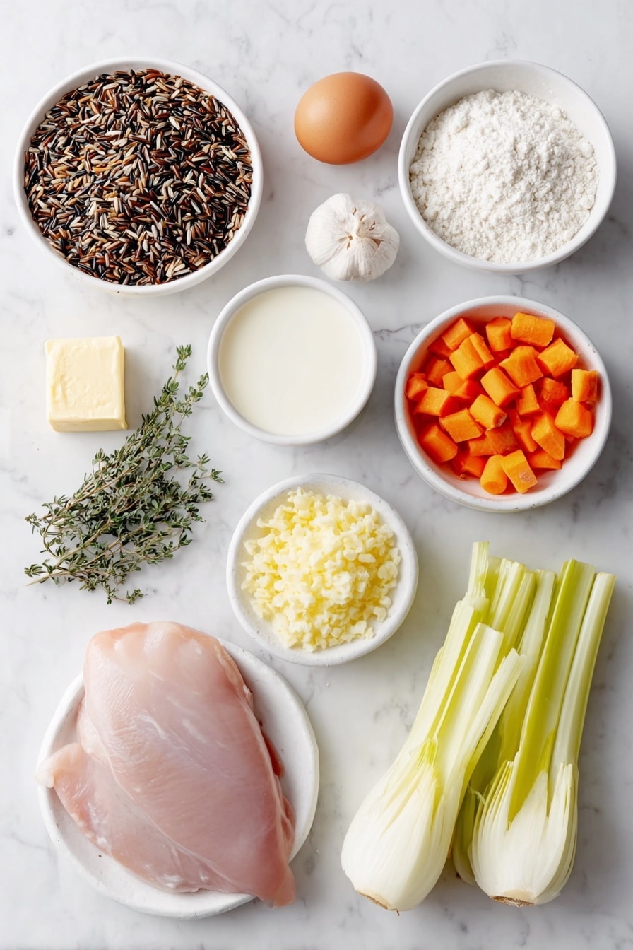 Flat lay of a small mound of uncooked wild rice blend with black, brown, and white grains, a small pile of diced bright orange carrots, a cluster of three fresh celery ribs sliced, a small heap of chopped pale yellow onion, a whole uncracked brown egg, a few sprigs of fresh green thyme and rosemary, a pat of golden butter cut into small cubes, a small white bowl filled with white all-purpose flour, a small white bowl of smooth heavy cream, a small white bowl of creamy milk, a small white bowl containing minced fresh garlic, a raw boneless skinless chicken breast half with fresh pink skin, and a small pile of finely grated lemon zest, all arranged in perfect symmetry and balanced proportions on a simple white ceramic plate and bowls, placed on a clean white marble surface, soft natural light, photo taken with an iPhone, professional food photography style, fresh ingredients, white ceramic bowls, no bottles, no duplicates, no utensils, no packaging --ar 2:3 --v 7 --p awthu7i m7354615311229779997 - Creamy Chicken and Wild Rice Soup, hearty chicken wild rice soup, comforting creamy chicken soup, easy wild rice recipes, cozy chicken and rice soup