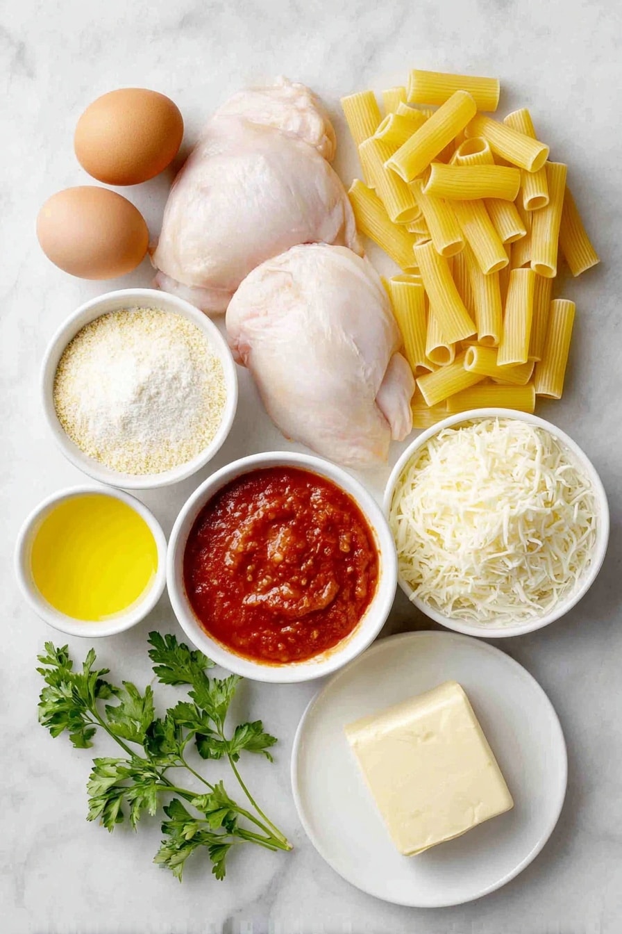 Flat lay of rigatoni pasta piled neatly, two small boneless skinless chicken breasts raw and fresh, a small mound of Italian breadcrumbs, a small heap of all-purpose flour, two whole uncracked brown eggs, three cups shredded mozzarella cheese in a small white ceramic bowl, a small white bowl with grated Parmesan cheese, a small white bowl with bright red marinara sauce, a small white bowl filled with golden vegetable oil, two tablespoons of pale yellow butter on a white ceramic plate, and a few sprigs of fresh green parsley arranged delicately, placed on a clean white marble surface, soft natural light, photo taken with an iPhone, professional food photography style, fresh ingredients, white ceramic bowls, no bottles, no duplicates, no utensils, no packaging --ar 2:3 --v 7 --p awthu7i m7354615311229779997 - Cheesy Chicken Parmesan Casserole, Chicken Parmesan casserole, cheesy chicken bake, Italian chicken casserole, easy comfort food recipes