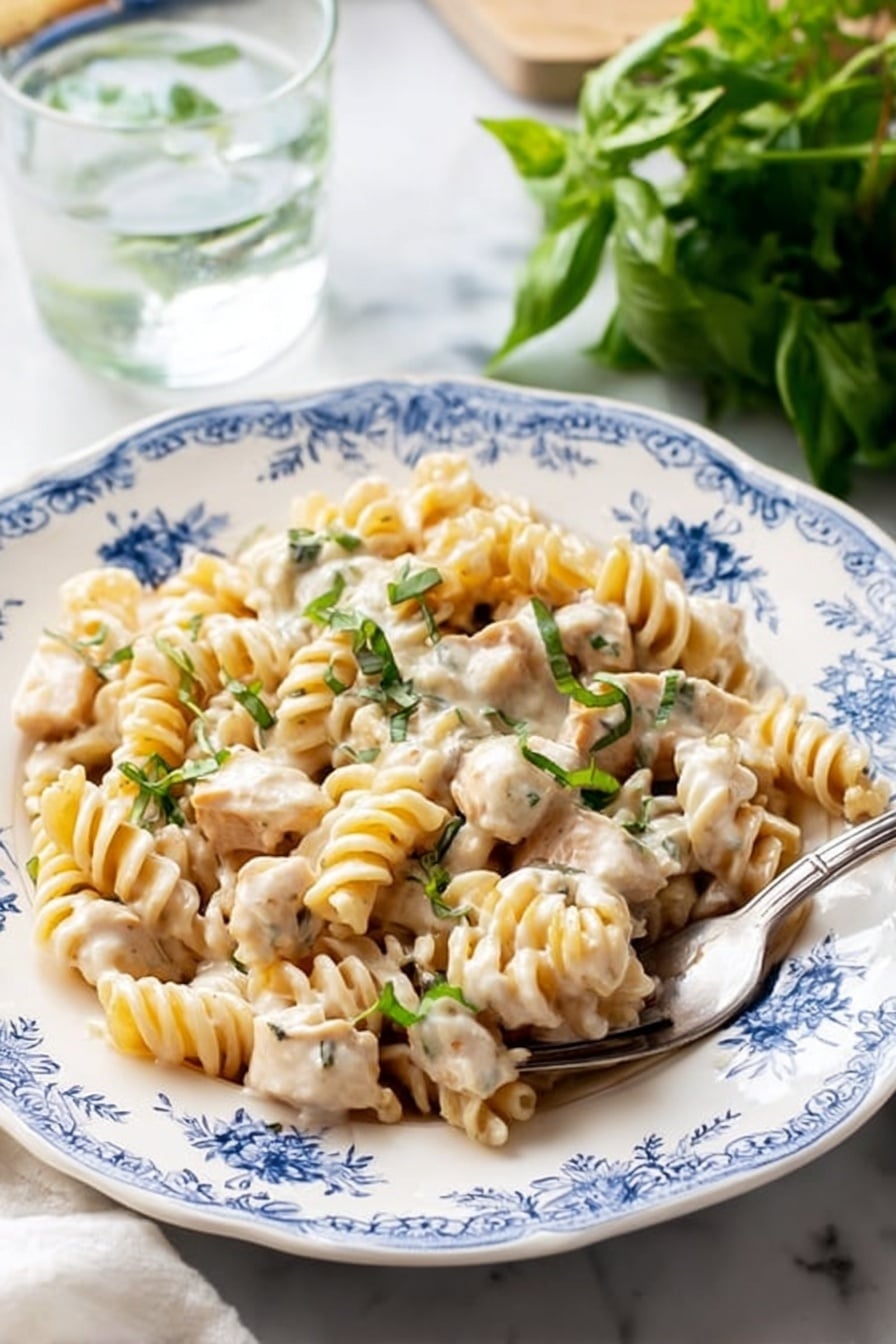 A white plate with blue floral patterns holds creamy rotini pasta mixed with chunks of light beige chicken, all coated in a smooth, white sauce. Small pieces of green herbs are scattered on top, adding contrast to the dish. A silver fork rests on the right side of the plate with some pasta wrapped around its tines. The plate sits on a white marbled surface with a clear glass of water and green leafy herbs in the background. photo taken with an iphone --ar 2:3 --v 7 - Easy Chicken Alfredo Bake, chicken Alfredo bake, creamy chicken pasta bake, cheesy baked chicken Alfredo, quick comfort dinner