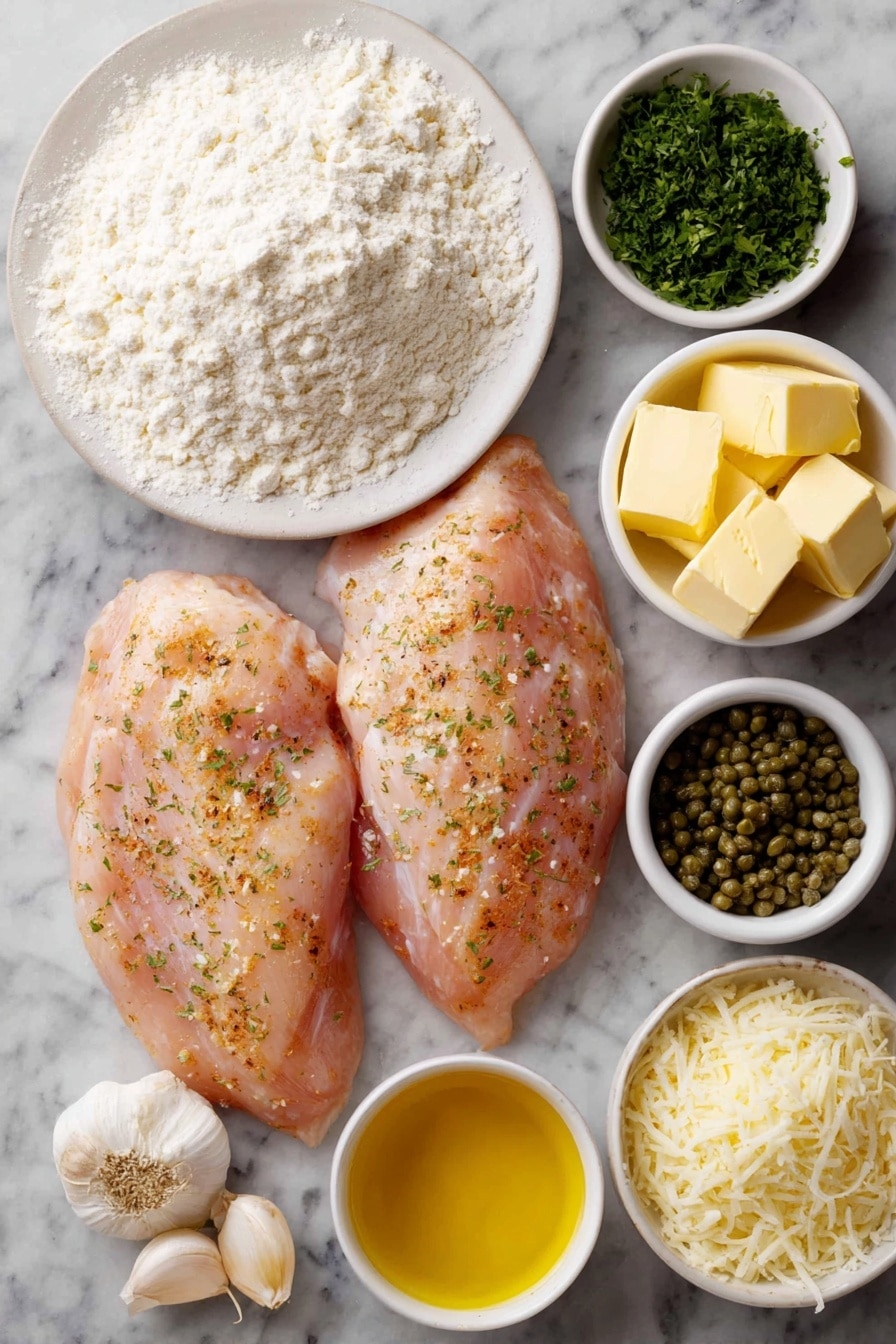 Flat lay of two large boneless skinless chicken breasts, a small mound of white flour on a simple white ceramic plate, a small white bowl of finely grated Parmesan cheese, a few cloves of whole garlic next to thin garlic slices arranged neatly, a small white bowl with bright green roughly chopped fresh parsley, a small white bowl filled with yellow olive oil, a small white bowl with golden salted butter cubes, a small white bowl of pale yellow lemon juice, a small white bowl with light golden dry white wine, a small white bowl holding green capers, a small white bowl of light brown chicken broth, a small pile each of coarse salt and ground black pepper on the white surface, all ingredients arranged with perfect symmetry on a clean white marble surface, soft natural light, photo taken with an iPhone, professional food photography style, fresh ingredients, white ceramic bowls, no bottles, no duplicates, no utensils, no packaging --ar 2:3 --v 7 --p awthu7i m7354615311229779997 - Easy Chicken Piccata with Lemon and Capers, chicken piccata recipe, lemon caper chicken, quick chicken dinner, flavorful chicken dishes