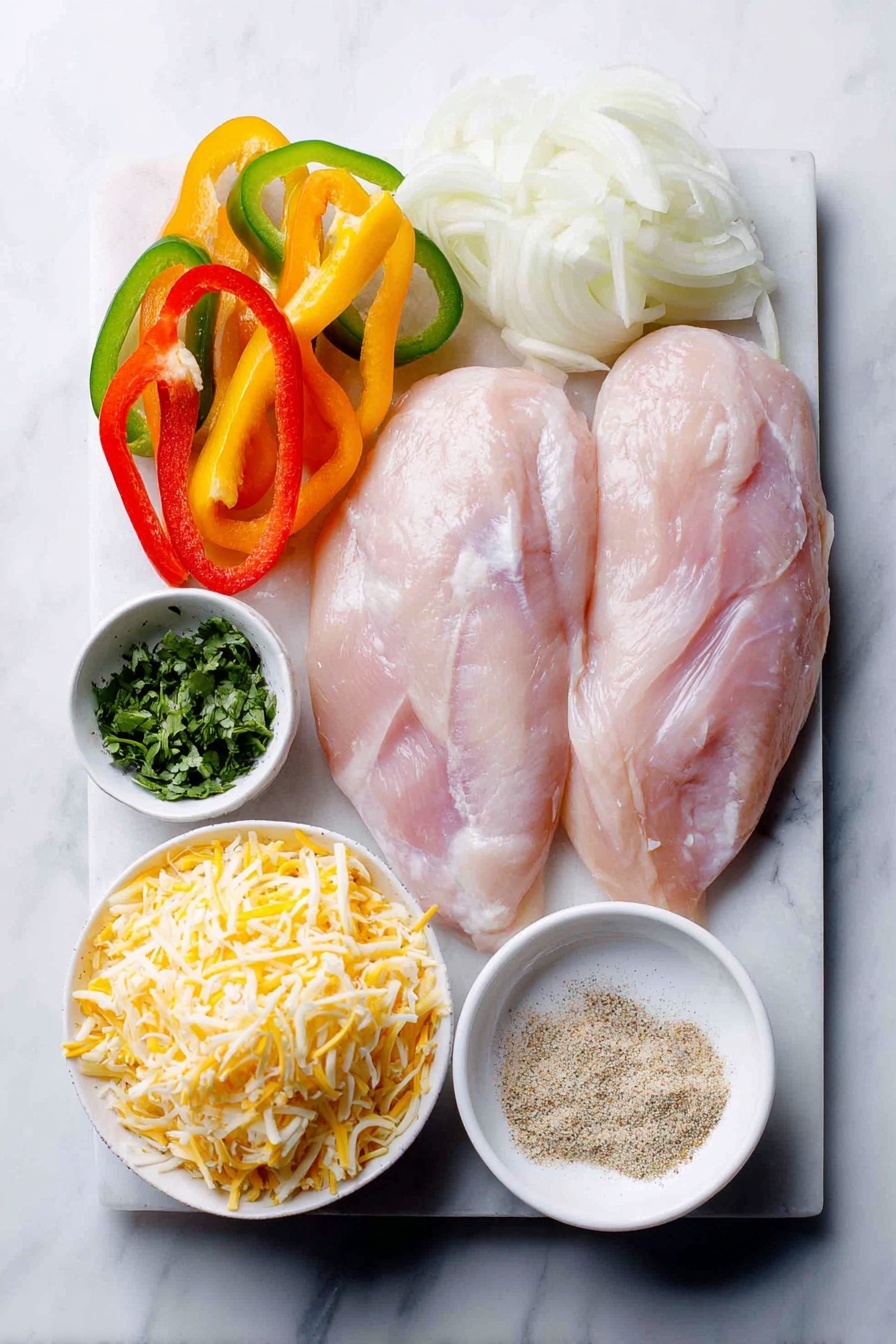 Flat lay of two boneless skinless chicken breasts, a small pile of vibrant sliced sweet bell peppers in red, green, orange, and yellow, a medium sliced sweet yellow onion, a small mound of shredded sharp cheddar cheese, a small bunch of fresh chopped cilantro in a white ceramic bowl, and a small white ceramic bowl containing fajita seasoning powder, all arranged in perfect symmetry on a clean white marble surface, soft natural light, photo taken with an iPhone, professional food photography style, fresh ingredients, white ceramic bowls, no bottles, no duplicates, no utensils, no packaging --ar 2:3 --v 7 --p m7354615311229779997 - Easy Baked Chicken Fajitas, baked chicken fajitas, easy fajita dinner, chicken and bell peppers, quick weeknight chicken fajitas
