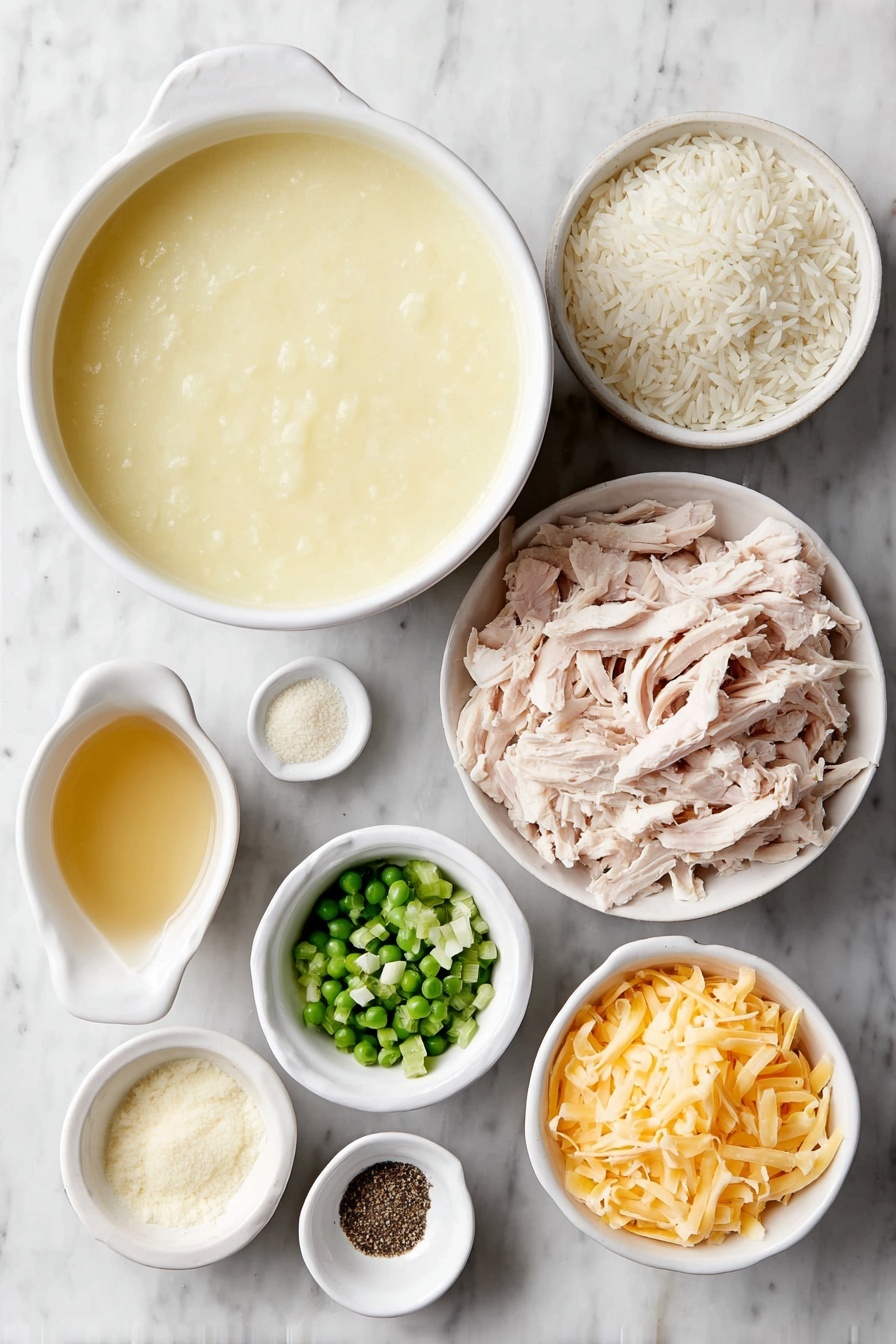 Flat lay of a small white ceramic bowl of creamy condensed cream of chicken soup, a small white ceramic bowl of golden chicken broth, a simple white ceramic bowl filled with uncooked Minute Rice grains, a small white ceramic bowl holding shredded rotisserie chicken, a small white ceramic bowl of vibrant frozen mixed vegetables including carrots and peas, a small white ceramic bowl with bright chopped scallions, a small white ceramic bowl containing freshly grated sharp cheddar cheese, a small white ceramic bowl with fine garlic powder, a small white ceramic bowl with onion powder, a small white ceramic bowl with Italian seasoning leaves, and a small white ceramic bowl of freshly ground black pepper placed on a clean white marble surface, soft natural light, photo taken with an iPhone, professional food photography style, fresh ingredients, white ceramic bowls, no bottles, no duplicates, no utensils, no packaging --ar 2:3 --v 7 --p m7354615311229779997 - Cheesy Chicken and Rice Bake, cheesy chicken and rice casserole, easy chicken and rice dinner, hearty baked chicken and rice, comfort food recipes