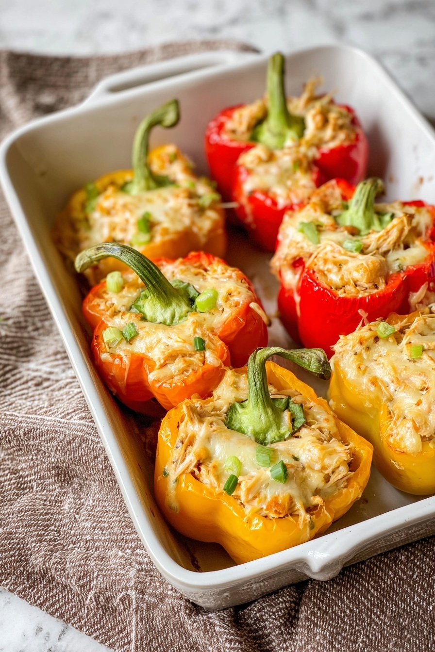 A white baking dish holds six stuffed bell pepper halves arranged in two rows. The peppers are red, yellow, and orange, each cut in half and filled with creamy shredded chicken mixed with green onion pieces. On top of the chicken filling is a layer of melted light golden cheese that looks slightly browned. The peppers have bright green stems still attached. The dish sits on a brown and white striped cloth over a white marbled surface. photo taken with an iphone --ar 2:3 --v 7 - Creamy Chicken Stuffed Bell Peppers, stuffed bell peppers with chicken and cheese, easy chicken stuffed peppers, healthy stuffed peppers recipe, cheesy stuffed peppers