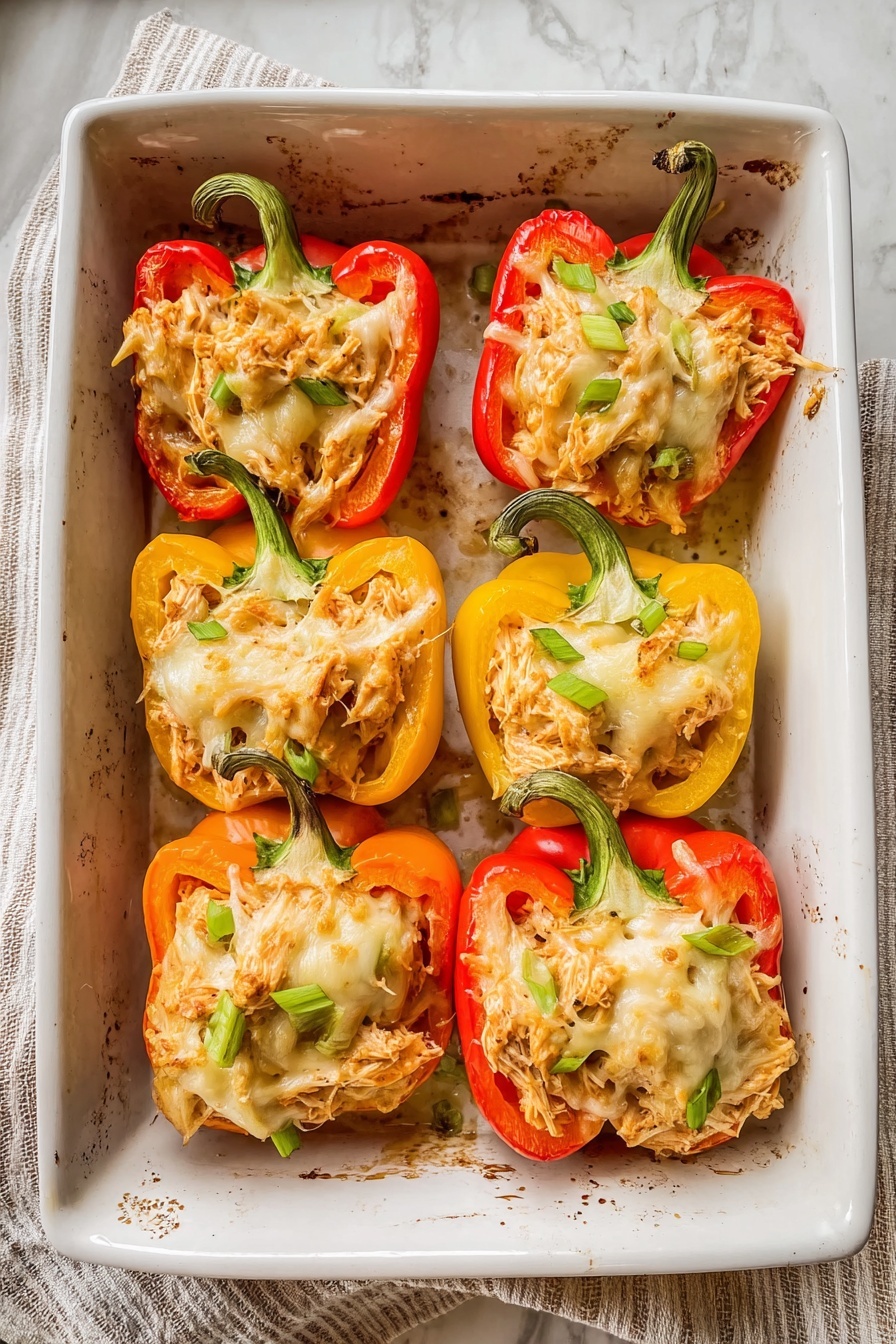 The image shows six stuffed bell pepper halves placed in a white rectangular baking dish on a white marbled surface. Each pepper is colorful, with two red, two orange, and two yellow peppers arranged in two rows of three. The peppers are filled with shredded cooked chicken mixed with small green bits, likely scallions or herbs, and topped with melted light yellow cheese. The chicken filling has a slightly browned, soft texture, and the peppers' green stems are intact, arching outwards. The baking dish has some baked-on brown spots around the edges, showing it has been used in the oven. The cloth underneath the dish is light-colored with beige stripes. photo taken with an iphone --ar 2:3 --v 7 - Creamy Chicken Stuffed Bell Peppers, stuffed bell peppers with chicken and cheese, easy chicken stuffed peppers, healthy stuffed peppers recipe, cheesy stuffed peppers