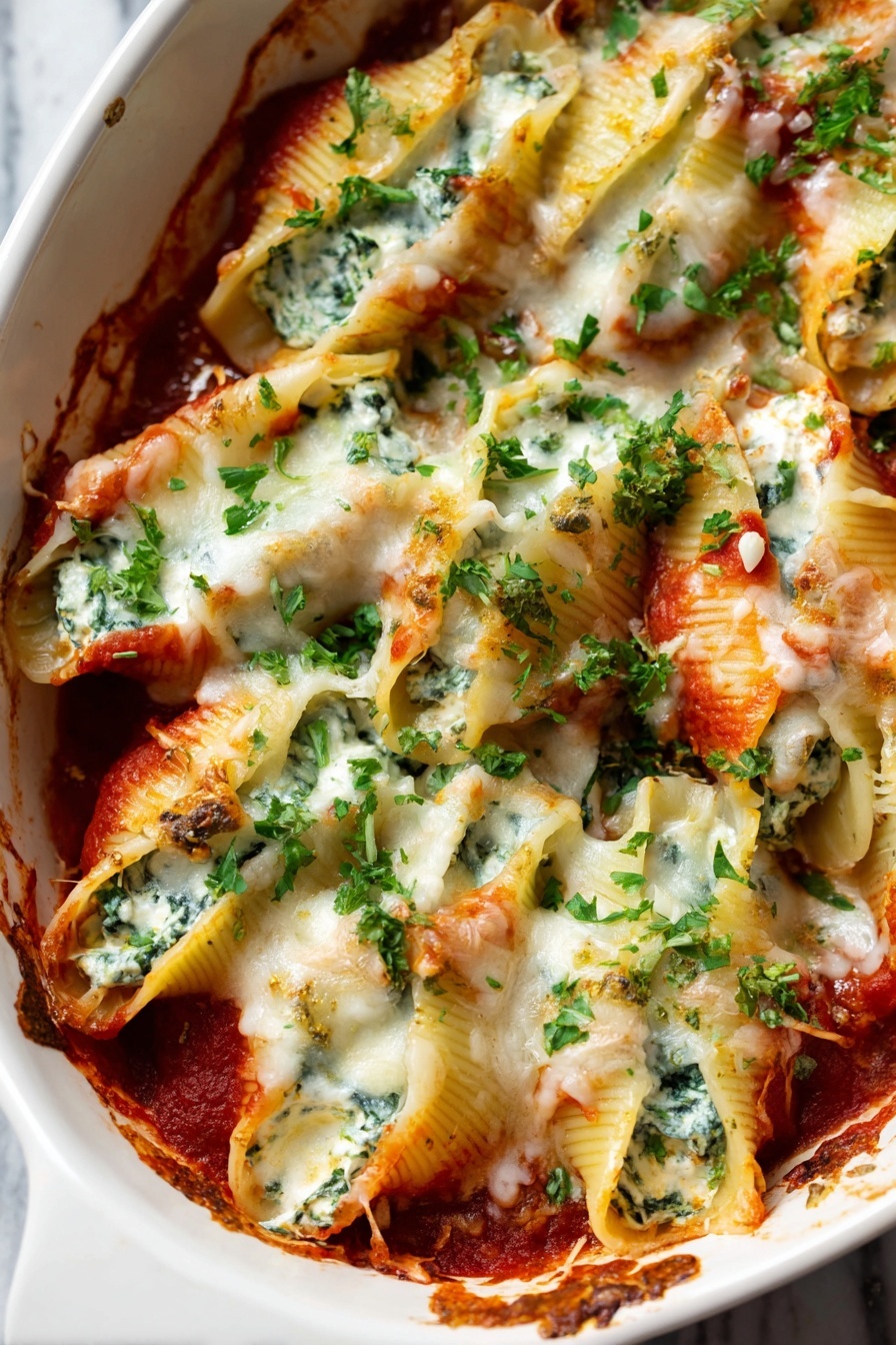 A white dish filled with large pasta shells layered with creamy white cheese and green spinach inside each shell. The shells are topped with a red tomato sauce that peeks through in spots, covered by melted white cheese that has a slightly toasted texture. Bright green chopped parsley is scattered thickly over the whole dish, adding a fresh color contrast to the red sauce and white cheese. The edges of the dish have some browned cheese baked onto the side. The background shows a white marbled surface. photo taken with an iphone --ar 2:3 --v 7 - Chicken Spinach Artichoke Stuffed Shells, stuffed shell recipes, cheesy chicken pasta, healthy stuffed shells, easy chicken artichoke dinner
