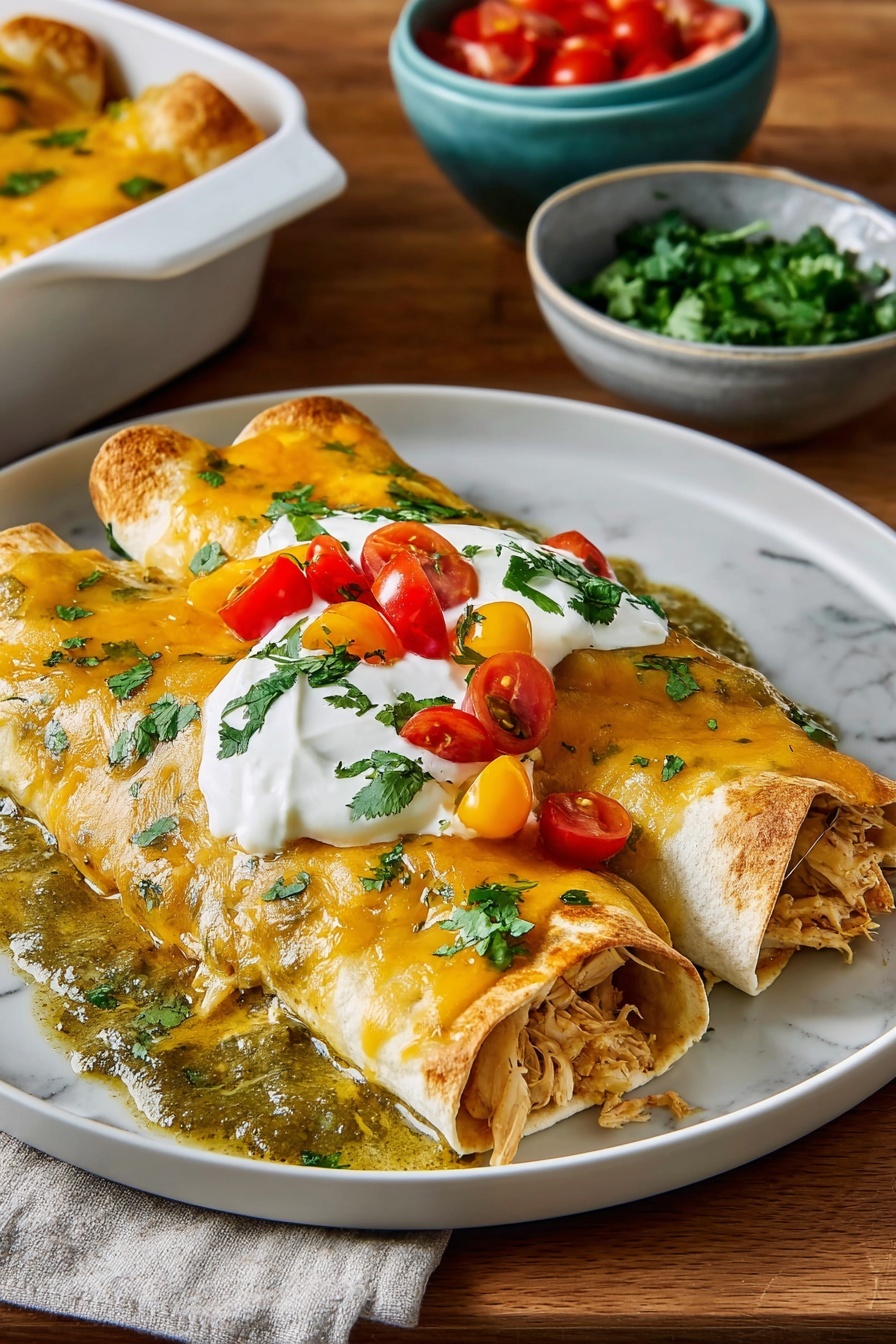 Two rolled tortillas filled with shredded chicken lay side by side on a white plate. They are covered in a melted golden-yellow cheese layer mixed with a green sauce that pools slightly around the edges. On top, there is a dollop of white sour cream, sprinkled with chopped bright red and yellow cherry tomatoes and fresh green cilantro. The plate sits on a wooden table with white marbled texture in the background, and behind it, there are bowls with chopped tomatoes and chopped cilantro. photo taken with an iphone --ar 2:3 --v 7 - Easy Chicken Enchiladas with Green Sauce, chicken enchiladas, green sauce enchiladas, quick chicken enchilada recipe, flavorful green enchiladas