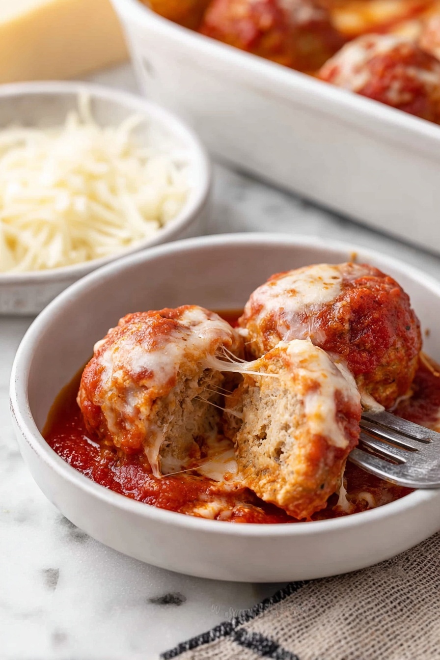 A white bowl holds three round meatballs covered in red tomato sauce, with melted cheese strings stretching from one meatball. One meatball is cut in half, showing a light brown inside texture. A silver fork pokes into the bowl from the right side. Near the bowl is a small white dish filled with a heap of shredded white cheese. In the background, there is a white baking dish slightly visible with more meatballs in tomato sauce. The surface underneath everything is a white marbled texture. Photo taken with an iphone --ar 2:3 --v 7 - Baked Chicken Parmesan Meatballs, healthy meatball recipes, baked Italian meatballs, easy chicken meatball recipe, family-friendly dinner ideas