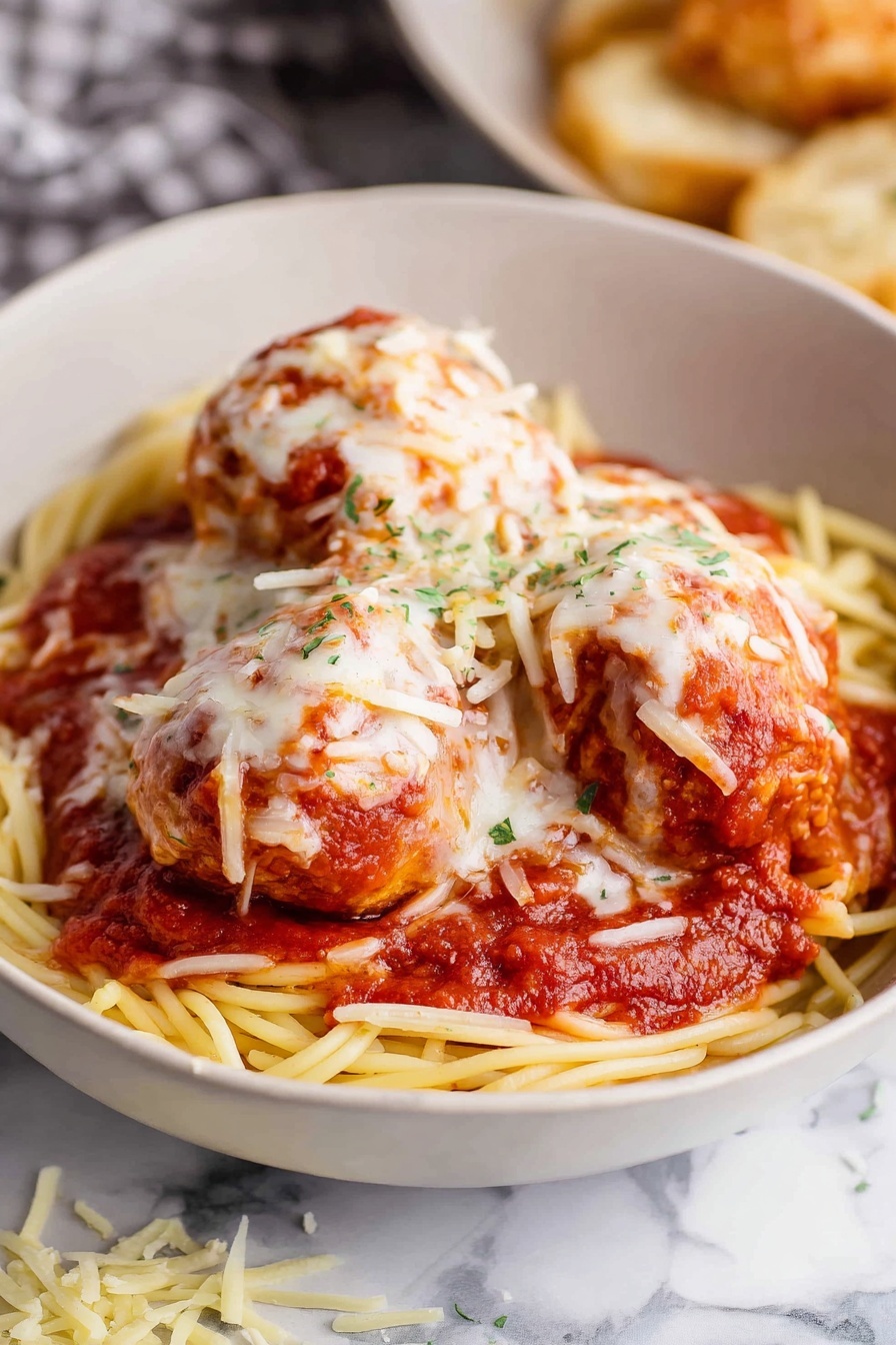 A white bowl holds a serving of spaghetti with three large meatballs on top. The bottom layer is a nest of light yellow spaghetti noodles. Above that is a thick layer of chunky red tomato sauce draped over the noodles. On top sit three round meatballs covered in melted, slightly browned white cheese. Thin strands of shredded cheese are sprinkled over the meatballs and sauce. The bowl is placed on a white marbled surface with some loose strands of cheese nearby. Photo taken with an iphone --ar 2:3 --v 7 - Baked Chicken Parmesan Meatballs, healthy meatball recipes, baked Italian meatballs, easy chicken meatball recipe, family-friendly dinner ideas