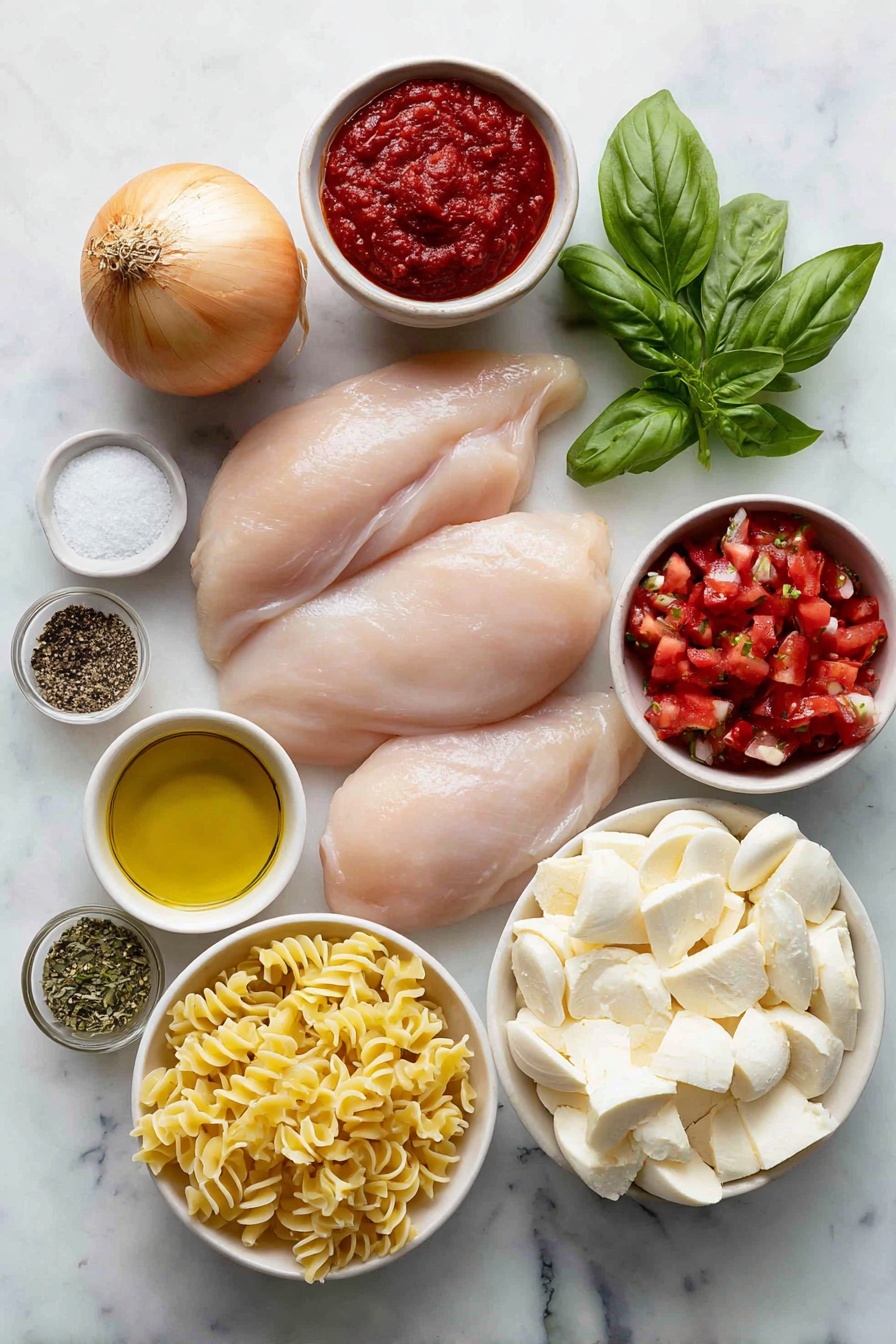 Flat lay of boneless skinless chicken breasts with natural texture and pale pink color, a sweet whole onion with unpeeled papery skin, three whole garlic cloves with white cloves and papery husks, a small white ceramic bowl filled with bright red tomato paste, a small white ceramic bowl of golden olive oil, a small white ceramic bowl of coarse salt crystals, a small white ceramic bowl of ground black pepper, a small white ceramic bowl of dried basil leaves, a small white ceramic bowl of fire roasted diced tomatoes showing tomato chunks with charred bits, uncooked farfalle pasta with characteristic bowtie shapes and smooth pale yellow surface, fresh whole basil leaves with vibrant green color, finely grated pale yellow parmesan cheese in a small white ceramic bowl, several evenly cut bread cubes with natural crust and soft crumb in a simple white ceramic bowl, several thin slices of fresh white mozzarella cheese stacked neatly, placed on a clean white marble surface, soft natural light, photo taken with an iPhone, professional food photography style, fresh ingredients, white ceramic bowls, no bottles, no duplicates, no utensils, no packaging --ar 2:3 --v 7 --p m7354615311229779997 - Chicken Parmesan Soup with Mozzarella Croutons, Italian chicken soup, cheesy chicken noodle soup, comfort food recipes, hearty Italian soup