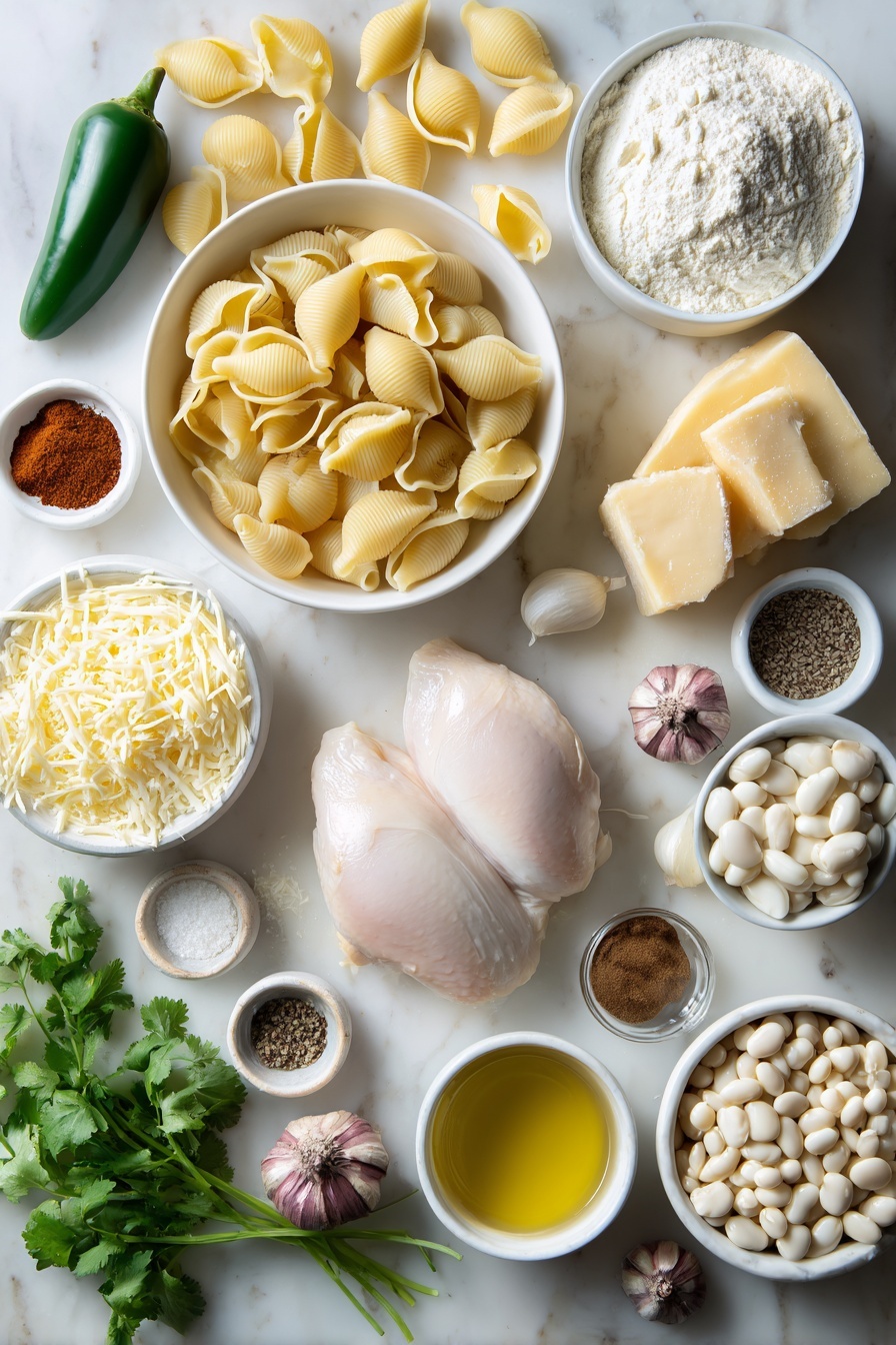 Flat lay of medium pasta shells, a small yellow onion whole, one green jalapeño pepper, four whole brown garlic cloves, a small pile of smoked paprika powder, a small heap of ground cumin powder, unsalted butter sticks, a small white bowl of all-purpose flour, a small white bowl of low-sodium chicken broth, a small white bowl of heavy cream, shredded Gouda cheese, shredded white cheddar cheese, two whole rotisserie chicken breasts, a small white bowl of great Northern beans, a small white bowl of frozen white corn, a small white bowl of kosher salt, a small heap of freshly ground black pepper, a few sprigs of fresh cilantro, a small white bowl of extra-virgin olive oil placed on a clean white marble surface, soft natural light, photo taken with an iPhone, professional food photography style, fresh ingredients, white ceramic bowls, no bottles, no duplicates, no utensils, no packaging --ar 2:3 --v 7 --p m7354615311229779997 - White Chicken Chili Mac Skillet, creamy chicken chili skillet, one-pan chicken chili pasta, cheesy chicken chili casserole, quick chicken chili dinner