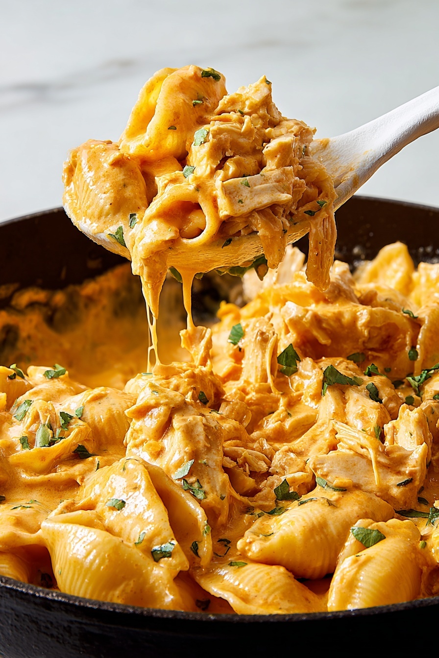 A close-up view of a black pan filled with creamy pasta shells covered in an orange cheese sauce. The dish shows layers of tender pasta shells mixed with shredded chicken, all coated thickly by the rich sauce. Small green herbs are scattered on top, adding spots of color. A white spoon lifts a portion of the creamy pasta and chicken from the pan, with the sauce dripping off the edge. The background is a white marbled texture. photo taken with an iphone --ar 2:3 --v 7 - White Chicken Chili Mac Skillet, creamy chicken chili skillet, one-pan chicken chili pasta, cheesy chicken chili casserole, quick chicken chili dinner