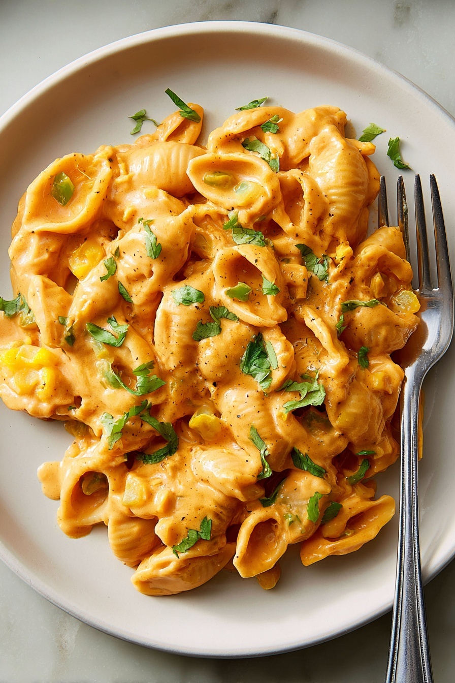 A white plate holds a creamy pasta dish with shell-shaped pasta coated in a rich, orange sauce. The sauce has a smooth texture with some small yellow chunks mixed in, likely vegetables. Fresh green herb pieces are sprinkled on top, adding contrast. A silver fork rests on the right side of the plate. The background is a white marbled surface. Photo taken with an iphone --ar 2:3 --v 7 - White Chicken Chili Mac Skillet, creamy chicken chili skillet, one-pan chicken chili pasta, cheesy chicken chili casserole, quick chicken chili dinner