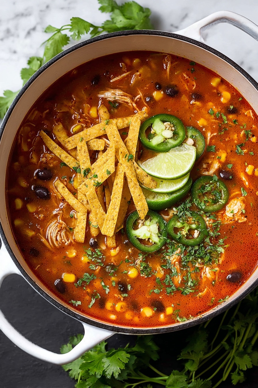 A white pot filled with bright red soup as the base layer, containing small pieces of shredded chicken, black beans, and corn kernels mixed in. On top of the soup, there is a layer of golden yellow crispy tortilla strips arranged mostly in the center. Thin slices of green jalapeño peppers with visible seeds float on one side among the tortilla strips. Two wedge slices of pale green lime sit on the surface near the tortilla strips. Fresh green chopped cilantro is scattered over the soup and toppings, adding a textured color contrast. The pot is set on a white marbled surface with some fresh cilantro leaves beside it. Photo taken with an iphone --ar 2:3 --v 7 - Easy Chicken Tortilla Soup, flavorful chicken tortilla soup, one-pot tortilla soup, quick chicken soup recipes, healthy Mexican inspired soup