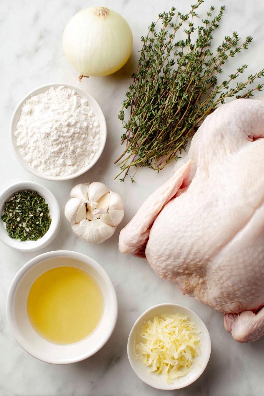 Flat lay of a whole fresh raw turkey with smooth pale skin, a medium lemon cut in half showing bright yellow juicy flesh, a medium onion quartered with crisp white layers, a cluster of peeled garlic cloves with a creamy white skin, several fresh green thyme sprigs vibrant and leafy, a small mound of all-purpose flour piled neatly on a simple white ceramic plate, a small white ceramic bowl filled with melted golden butter, another small white ceramic bowl holding fresh lemon juice pale yellow and translucent, a third small white ceramic bowl containing finely grated lemon zest bright and sunny yellow, a fourth small white ceramic bowl with minced fresh thyme leaves finely chopped, two teaspoons of coarse salt and two teaspoons of black peppercorns arranged side by side on the white ceramic surface, all ingredients arranged in perfect symmetry and realistic proportions, placed on a clean white marble surface, soft natural light, photo taken with an iPhone, professional food photography style, fresh ingredients, white ceramic bowls, no bottles, no duplicates, no utensils, no packaging --ar 2:3 --v 7 --p m7354615311229779997 - Lemon Herb Turkey Roast, citrus turkey roast, holiday turkey recipe, juicy turkey main dish, flavorful roasted turkey