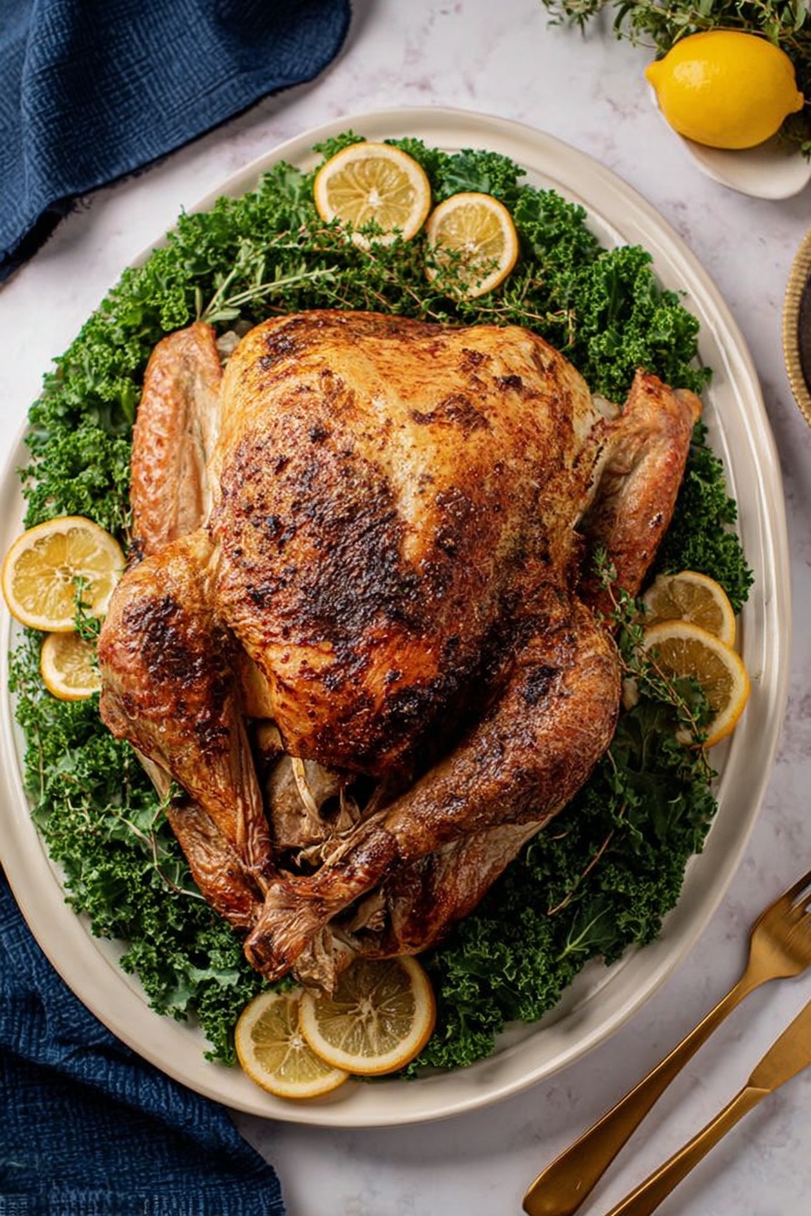 A white plate holds sliced cooked chicken with golden-brown skin arranged in two rows on a bed of frilly green lettuce leaves, with a whole cooked chicken leg placed in the foreground. Bright yellow lemon slices are placed between the chicken pieces, and sprigs of fresh green parsley are scattered on top and around the chicken. The background shows a white marbled surface with a dark blue cloth on the right side. Photo taken with an iphone --ar 2:3 --v 7 - Lemon Herb Turkey Roast, citrus turkey roast, holiday turkey recipe, juicy turkey main dish, flavorful roasted turkey