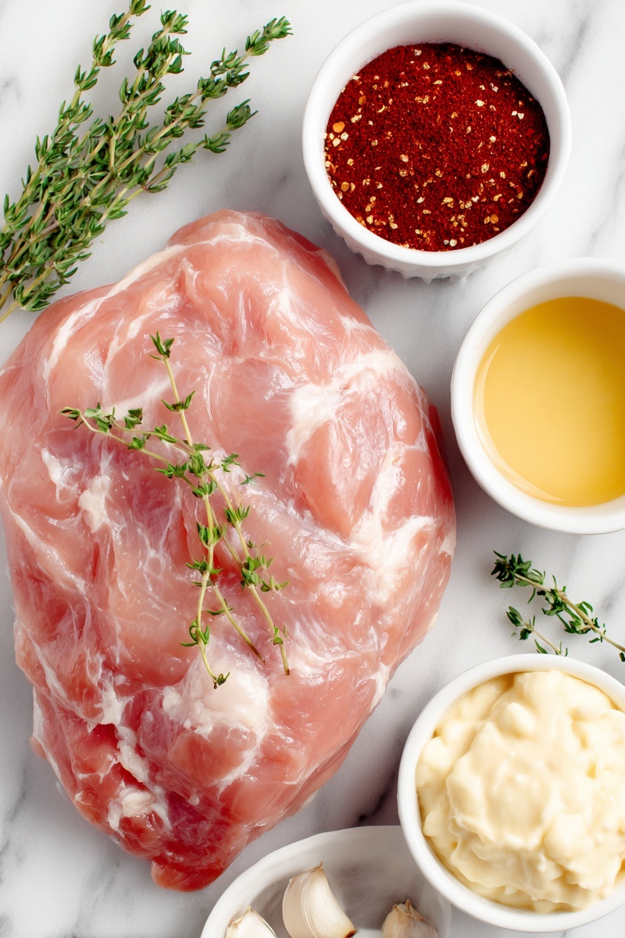 Flat lay of a large raw boneless turkey breast with smooth pale pink skin, a small white ceramic bowl of coarse black pepper, a small white ceramic bowl of bright red paprika powder, a small white ceramic bowl filled with creamy chicken soup base, a small white ceramic bowl holding golden chicken broth, and three fresh green thyme sprigs neatly arranged, all placed on a clean white marble surface, soft natural light, photo taken with an iPhone, professional food photography style, fresh ingredients, white ceramic bowls, no bottles, no duplicates, no utensils, no packaging --ar 2:3 --v 7 --p m7354615311229779997 - Slow Cooker Turkey with Creamy Gravy, easy turkey dinner, tender slow cooker turkey, homemade gravy recipe, comfort food turkey