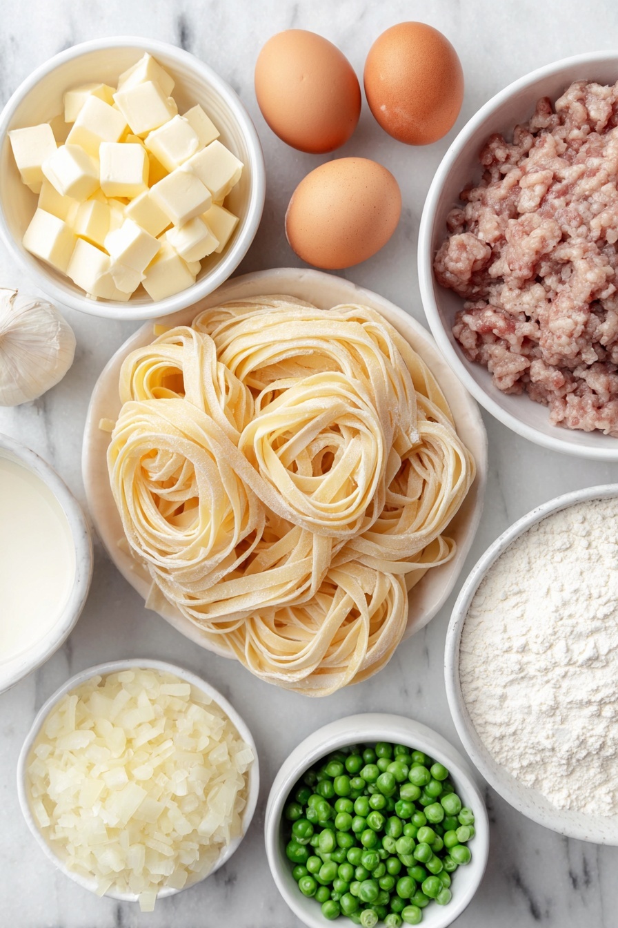 Flat lay of fresh uncooked fettuccine pasta neatly coiled, a small white ceramic bowl of unsalted butter cubes, a quarter of a yellow onion diced into small pieces on a simple white plate, several whole garlic cloves unpeeled, a small white bowl filled with all-purpose flour, a tiny pinch of whole nutmeg seeds next to a white bowl of warm whole milk, another small white bowl containing warm low sodium turkey broth, a small white bowl heaped with grated Parmesan cheese, a mound of cooked turkey meat chunks fresh and moist, a small white bowl filled with bright green frozen peas, two whole uncracked brown eggs placed symmetrically, all ingredients arranged with balanced spacing and perfect symmetry placed on a clean white marble surface, soft natural light, photo taken with an iPhone, professional food photography style, fresh ingredients, white ceramic bowls, no bottles, no duplicates, no utensils, no packaging --ar 2:3 --v 7 --p m7354615311229779997 - Turkey Alfredo Pasta, creamy turkey pasta, easy Alfredo pasta, leftover turkey recipes, cheesy pasta dinner