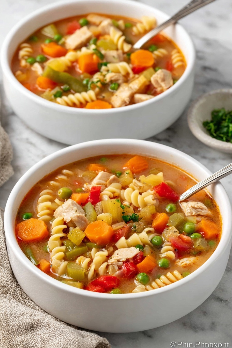 Two white ceramic cups filled with vegetable and pasta soup sit on a white marbled surface. Each cup contains a mix of small spiral pasta, diced light beige meat, green beans, bright orange carrot cubes, green peas, celery pieces, and small red pepper bits, all in a light brown broth speckled with herbs. The soup layers show the textured pasta and vegetables floating near the top, with broth filling the rest of the cups. One cup is closer to the camera, showing clear detail of the ingredients, while the other cup is slightly blurred in the background. A white and black kitchen towel lies to the right side. Photo taken with an iphone --ar 2:3 --v 7 - Turkey Vegetable Soup with Pasta, hearty turkey vegetable soup, healthy turkey pasta soup, comforting vegetable and turkey soup, homemade turkey soup with pasta