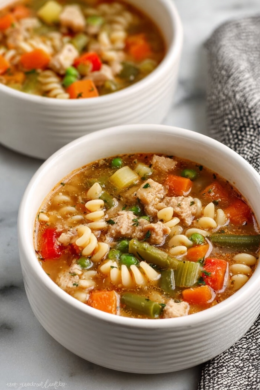 Two white bowls filled with vegetable soup sit on a white marbled surface. The soup has a thick broth with small spiral pasta, bright orange carrot chunks, green peas, small green bean pieces, diced celery, and red bell pepper pieces all mixed together. There are also light pieces of cooked chicken scattered on top. Each bowl has a silver spoon resting inside, and a textured cloth napkin is visible near one bowl. The overall look is colorful with a warm, fresh feeling. Photo taken with an iphone --ar 2:3 --v 7 - Turkey Vegetable Soup with Pasta, hearty turkey vegetable soup, healthy turkey pasta soup, comforting vegetable and turkey soup, homemade turkey soup with pasta