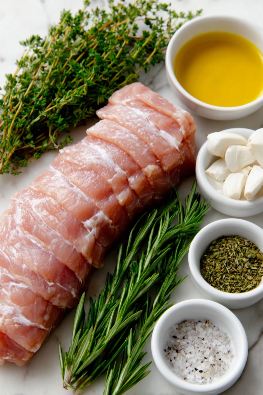 Flat lay of a whole raw turkey tenderloin with a smooth, pale pink surface, a small bunch of fresh garlic cloves with papery skins, a few sprigs of fresh rosemary, thyme, and oregano arranged neatly, a small white ceramic bowl filled with golden olive oil, another small white bowl containing coarse sea salt crystals, and a small white bowl with ground black pepper, all ingredients fresh and natural, perfectly balanced and symmetrically placed, placed on a clean white marble surface, soft natural light, photo taken with an iPhone, professional food photography style, fresh ingredients, white ceramic bowls, no bottles, no duplicates, no utensils, no packaging --ar 2:3 --v 7 --p m7354615311229779997 - Garlic Herb Turkey Tenderloin, Turkey Tenderloin Recipe, Easy Turkey Dinner, Juicy Turkey Main Dish, Healthy Turkey Recipe