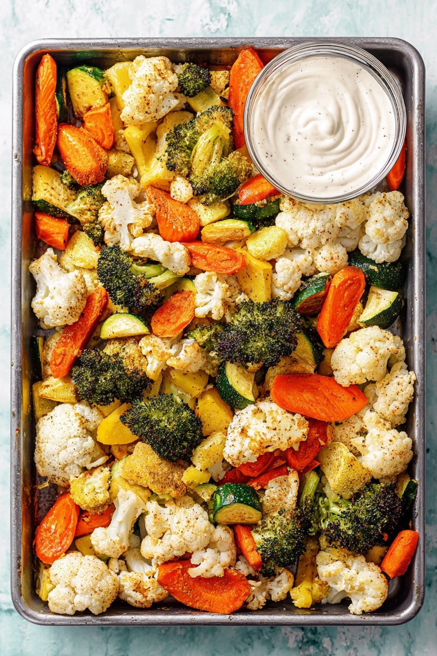 The image shows one layer of roasted vegetables spread in a large rectangular metal tray on a white marbled surface. The vegetables include orange carrot slices, green broccoli florets, white cauliflower florets, and yellow and green zucchini pieces. They are light brown in spots from roasting, with a slightly crispy texture. In the top right corner of the tray, there is a small white bowl filled with a thick, creamy white sauce with soft swirls on the surface. The colors of the vegetables are bright and fresh, and the tray is filled evenly with no empty spaces. Photo taken with an iphone --ar 2:3 --v 7 - Roasted Vegetable Medley, roasted vegetable side dish, healthy roasted vegetables, easy vegetable recipe, colorful vegetable side
