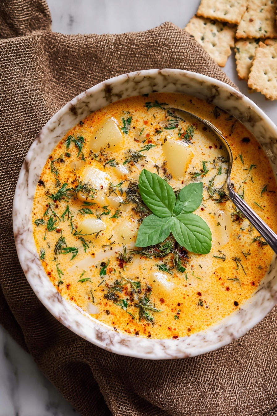 A marbled white bowl filled with a creamy orange soup that has small chunks of potatoes and vegetables visible in the mixture. The soup surface is sprinkled with finely chopped green herbs and topped with a single fresh green herb leaf in the center. Melted cheese pieces spread across the soup add a slightly melted texture with some browned spots. A silver spoon rests inside the bowl, and the bowl is placed on a textured brown cloth with crisp crackers nearby, all set against a white marbled surface. Photo taken with an iphone --ar 2:3 --v 7 - Creamy Gnocchi Chicken Soup, hearty chicken gnocchi soup, easy comfort food recipes, quick and creamy soup, cozy weeknight dinners