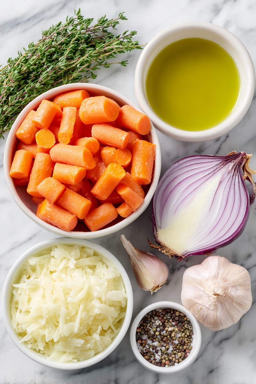 Flat lay of chopped bright orange carrot chunks, a halved large sweet onion with white and purple layers, two whole uncracked brown garlic cloves, a small white bowl of freshly peeled and grated pale yellow ginger, a few fresh green thyme sprigs with leaves scattered nearby, a small white ceramic bowl filled with golden olive oil, a small white bowl of coarse sea salt, and a small white bowl of cracked black peppercorns placed on a clean white marble surface, soft natural light, photo taken with an iPhone, professional food photography style, fresh ingredients, white ceramic bowls, no bottles, no duplicates, no utensils, no packaging --ar 2:3 --v 7 --p m7354615311229779997 - Sweet Roasted Carrot Ginger Soup, healthy carrot soup, easy veggie soup, comforting fall soup, homemade carrot ginger soup