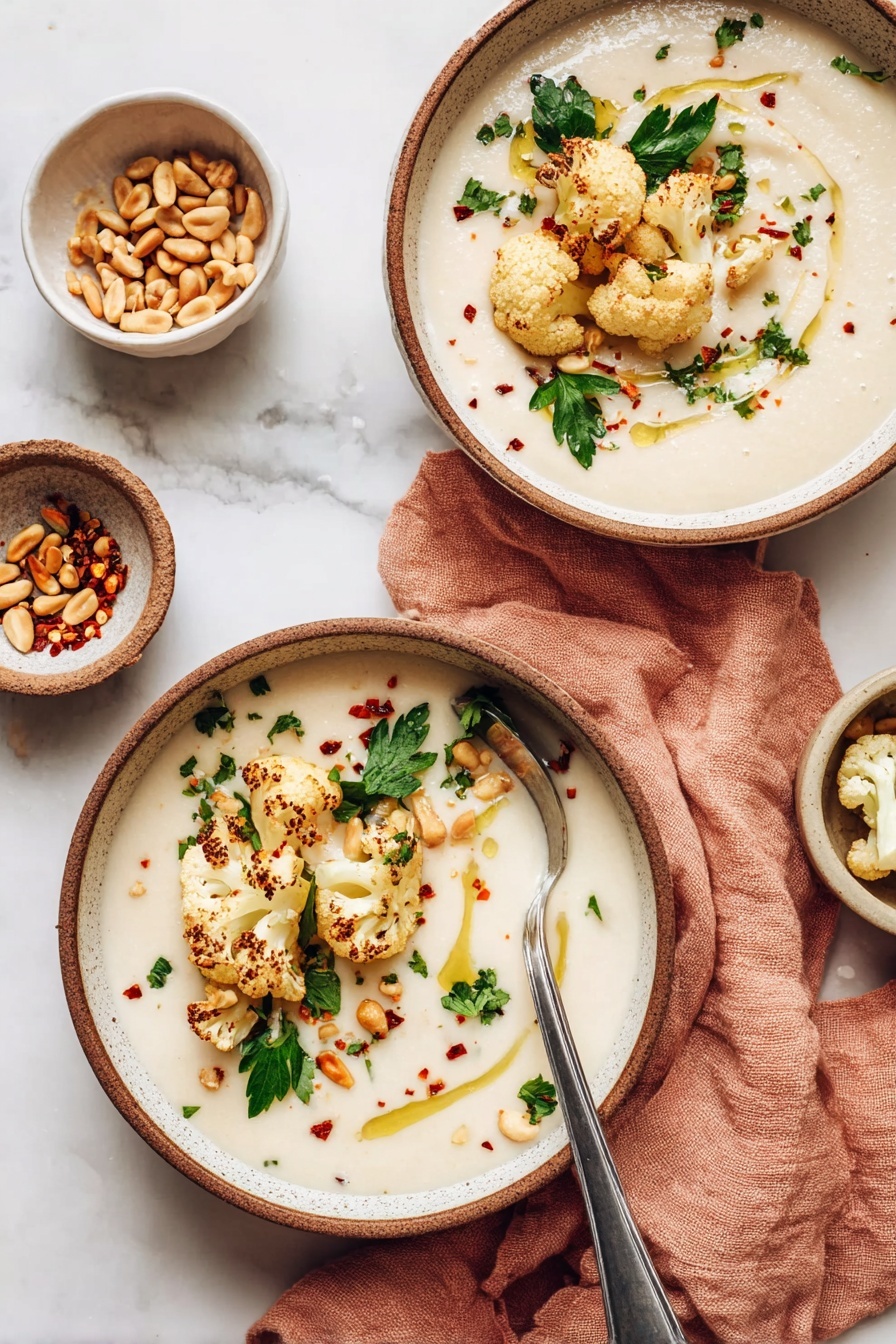 A white pot filled with a thick, creamy beige soup or sauce, topped with scattered green parsley leaves, light brown pine nuts, and small red chili flakes, with a drizzle of golden oil on the surface. A wooden spoon rests inside the pot, partially submerged in the creamy mixture. Around the pot, there is a white marbled surface with a rust-colored cloth draped casually nearby. Small white bowls surround the pot: one with light brown roasted cauliflower, one with pine nuts, and one with red chili flakes, some with spoons inside. Photo taken with an iphone --ar 2:3 --v 7 - Creamy Roasted Cauliflower Soup, healthy cauliflower soup, vegan cauliflower soup, easy cauliflower soup recipe, comforting vegetable soup