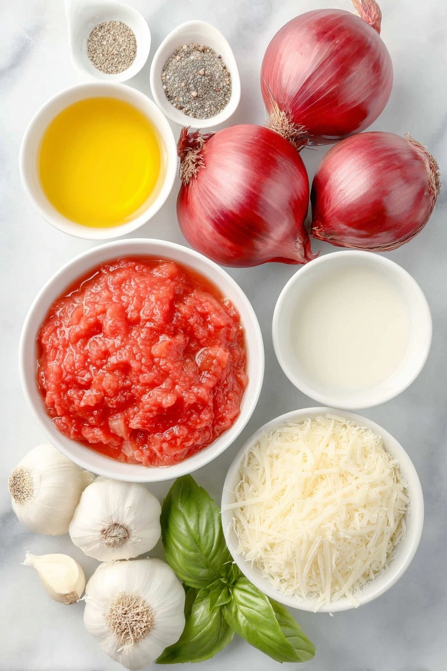 Flat lay of a small white bowl of golden olive oil, two whole red onions with deep purple-red skin, three uncracked garlic cloves with papery white skins, a simple white ceramic bowl filled with crushed ripe red tomatoes, a white bowl containing clear golden chicken stock, a small white bowl of coarse kosher salt, a small white bowl of freshly ground black pepper, a small white bowl of smooth heavy cream, a bunch of bright green fresh basil leaves torn into bite-sized pieces, and a small pile of finely grated pale yellow parmesan cheese, all arranged with perfect symmetry on a clean white marble surface, soft natural light, photo taken with an iPhone, professional food photography style, fresh ingredients, white ceramic bowls, no bottles, no duplicates, no utensils, no packaging --ar 2:3 --v 7 --p m7354615311229779997 - Creamy Tomato Basil Soup, easy tomato basil soup, homemade tomato basil soup, comforting tomato soup, quick creamy tomato soup