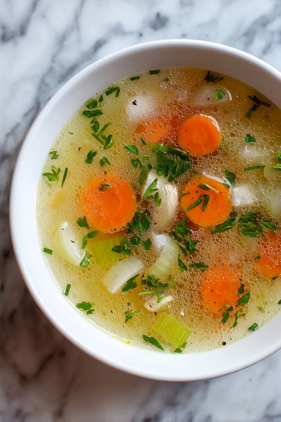 A white bowl filled with clear chicken soup on a white plate, showing three layers: a top layer of clear golden broth with small oil drops, a middle layer with soft shredded chicken pieces in cream color mixed with green leafy vegetables and small orange carrot cubes, and a bottom layer of translucent broth with small green peas and herbs. The bowl is placed on a white marbled surface with a spoon on the right side. Photo taken with an iphone --ar 2:3 --v 7 - Homemade Chicken Veggie Soup, healthy chicken veggie soup, comforting chicken vegetable soup, easy chicken noodle soup, light wholesome soup