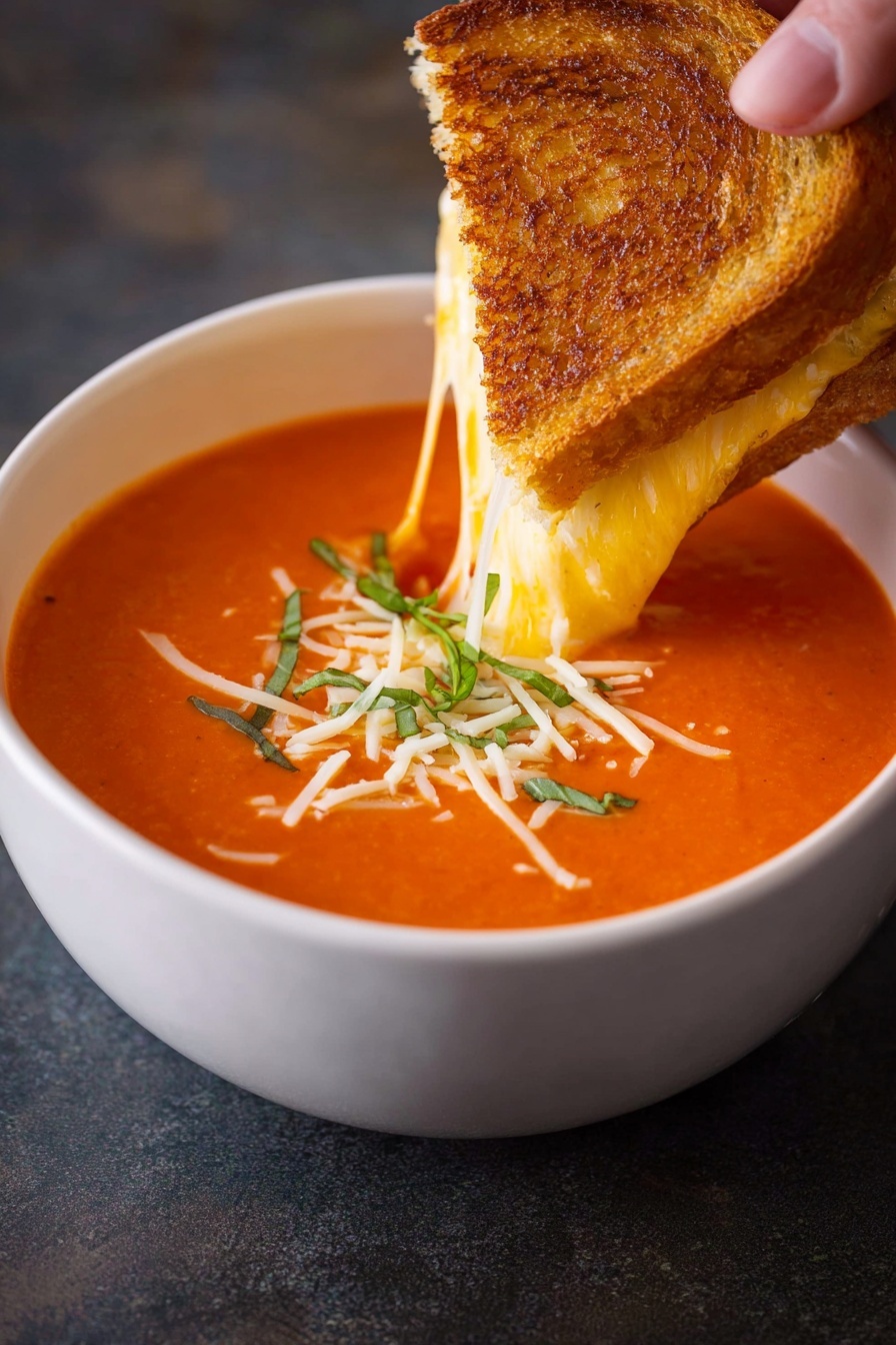 A white bowl filled with smooth, bright orange tomato soup topped with shredded white and light yellow cheese and thin strips of green basil. A golden brown toasted sandwich with melted cheese inside is being dipped into the soup by a woman's hand, showing stretchy white melted cheese pulling between the sandwich and soup. The background has a soft, dark surface that contrasts with the bright colors of the soup and sandwich. photo taken with an iphone --ar 2:3 --v 7 - Creamy Tomato Soup with Basil, tomato soup recipes, easy homemade tomato soup, healthy tomato soup, comforting basil tomato soup
