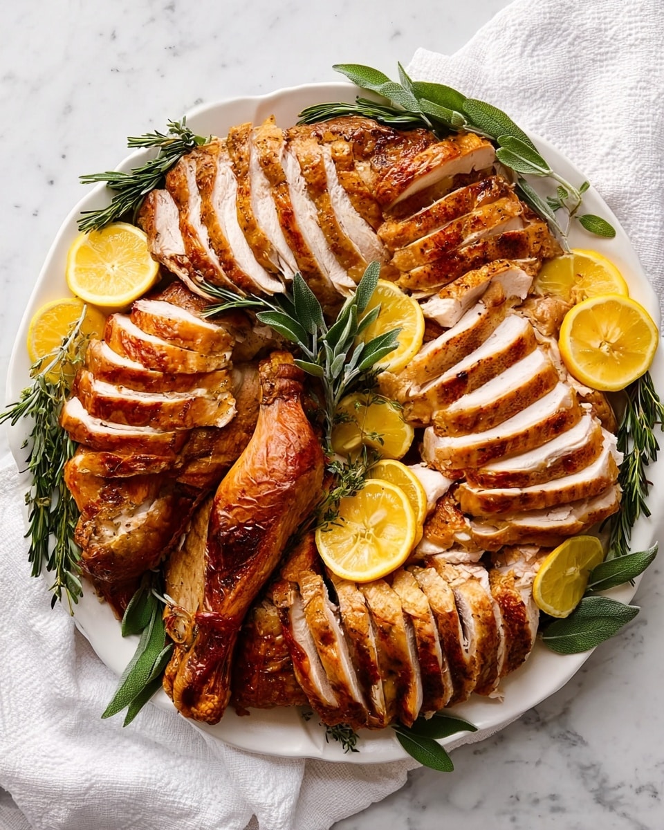 A large white round plate is filled with a neatly arranged roasted turkey, divided into several layers: two thick golden-brown turkey legs with crispy skin are placed near the center, surrounded by several rows of evenly sliced turkey breast with a light brown crust and pale pink inside, forming two curved layers toward the plate edges. Bright yellow lemon wedges are placed on top of the turkey legs and along the edges, mixed with fresh green rosemary and sage sprigs, adding color and texture contrast. The plate sits on a white marbled surface with a white cloth underneath. photo taken with an iphone --ar 4:5 --v 7