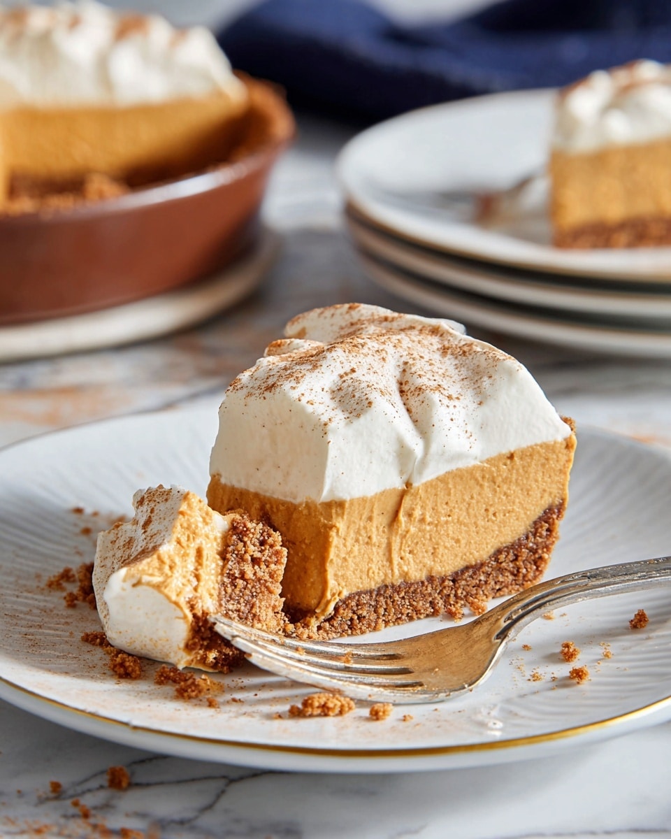 A slice of pumpkin pie is shown with three layers on a white plate with a thin gold rim; the bottom layer is a crumbly brown crust, the middle layer is a thick, smooth orange pumpkin filling with a creamy texture, and the top layer is white whipped cream sprinkled lightly with cinnamon powder. A small piece of pie is on the fork resting on the plate, and some crumbs and cream are scattered nearby. In the background, there are stacked white plates and a brown dish with more pie on a white marbled surface. Photo taken with an iphone --ar 4:5 --v 7