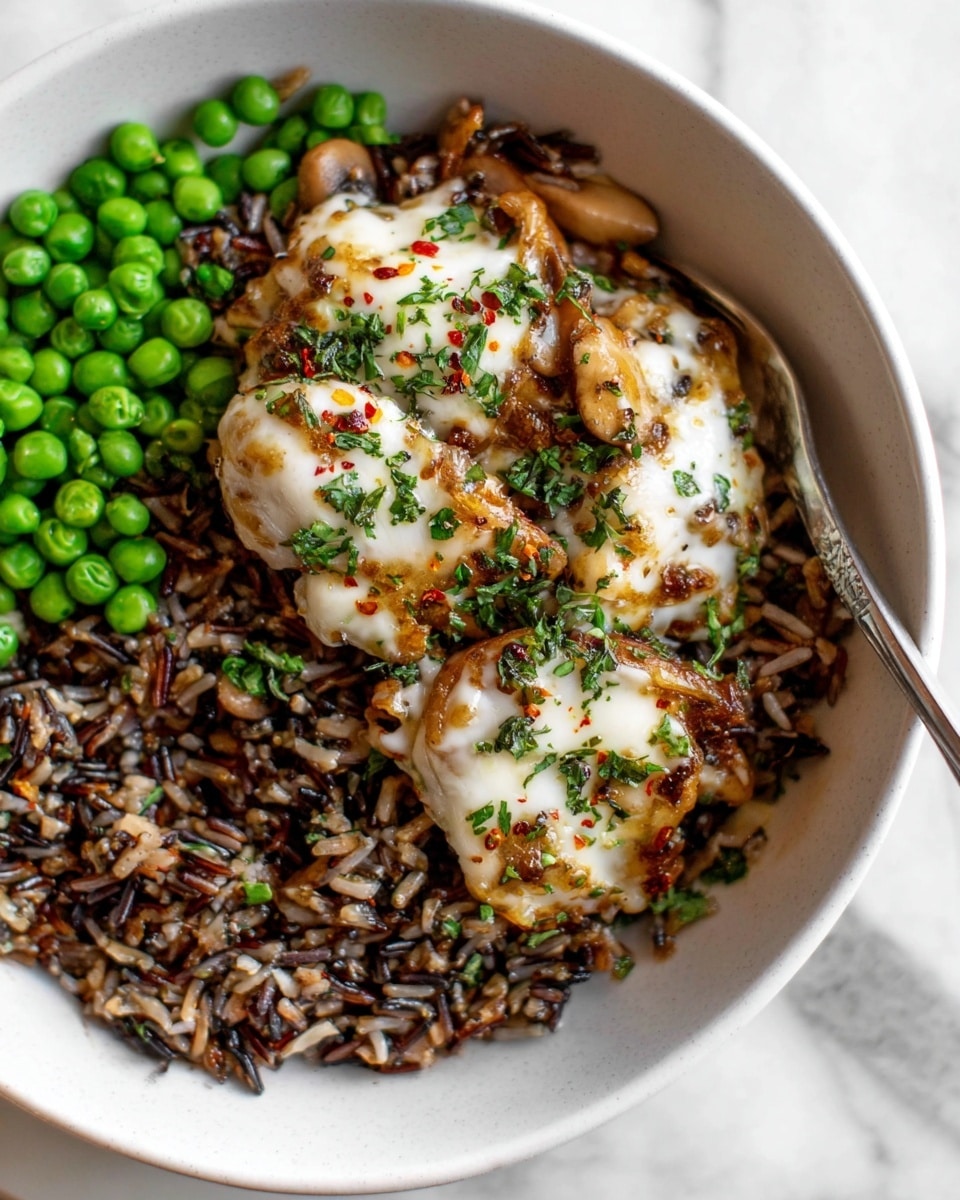 The image shows a white bowl filled with three layers. The bottom layer is a mix of dark and light brown wild rice with a rough texture. On top, there are two small piles of golden-brown cooked mushrooms covered with melted white cheese sprinkled with green herbs and red pepper flakes. To the side, there is a small pile of bright green peas. A silver spoon is partially visible at the edge of the bowl. The bowl sits on a white marbled surface. Photo taken with an iphone --ar 4:5 --v 7