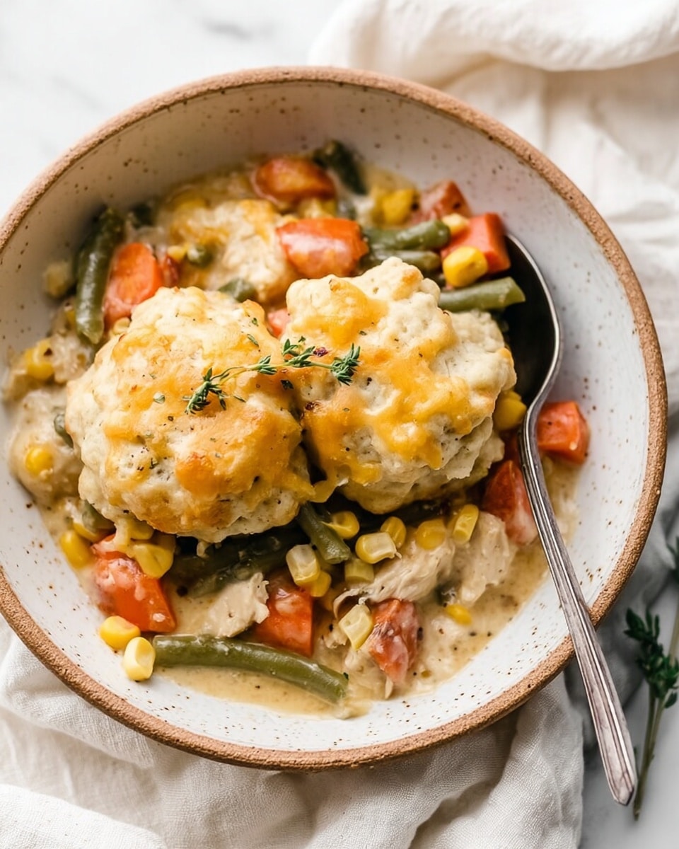 A white speckled bowl holds two golden brown biscuit-like dumplings on top of a colorful mix of vegetables and chicken pieces in a creamy sauce. The base layer contains bright orange carrot cubes, green beans, yellow corn kernels, and small chicken chunks mixed together. The dumplings cover the center, showing a slightly crispy texture with some melted light cheddar cheese and small green herb leaves sprinkled on top. A silver fork is partially placed inside the bowl, and the scene is set on a white marbled surface with a soft white cloth beside it. photo taken with an iphone --ar 4:5 --v 7