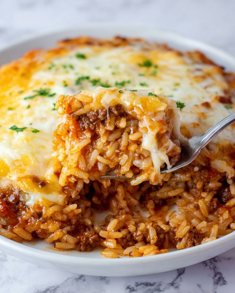 A white plate holds a single serving of a casserole-style dish made of cooked rice mixed with ground meat and small pieces of red bell pepper. The dish is topped with melted yellow cheese sprinkled with finely chopped green herbs. The rice layer looks soft and moist with a reddish-brown color from sauce or seasoning. A shiny metal fork rests on the plate near the casserole. The background shows a white marbled surface, part of another white plate with more servings of the same dish, and some kitchen cloths. Photo taken with an iphone --ar 4:5 --v 7