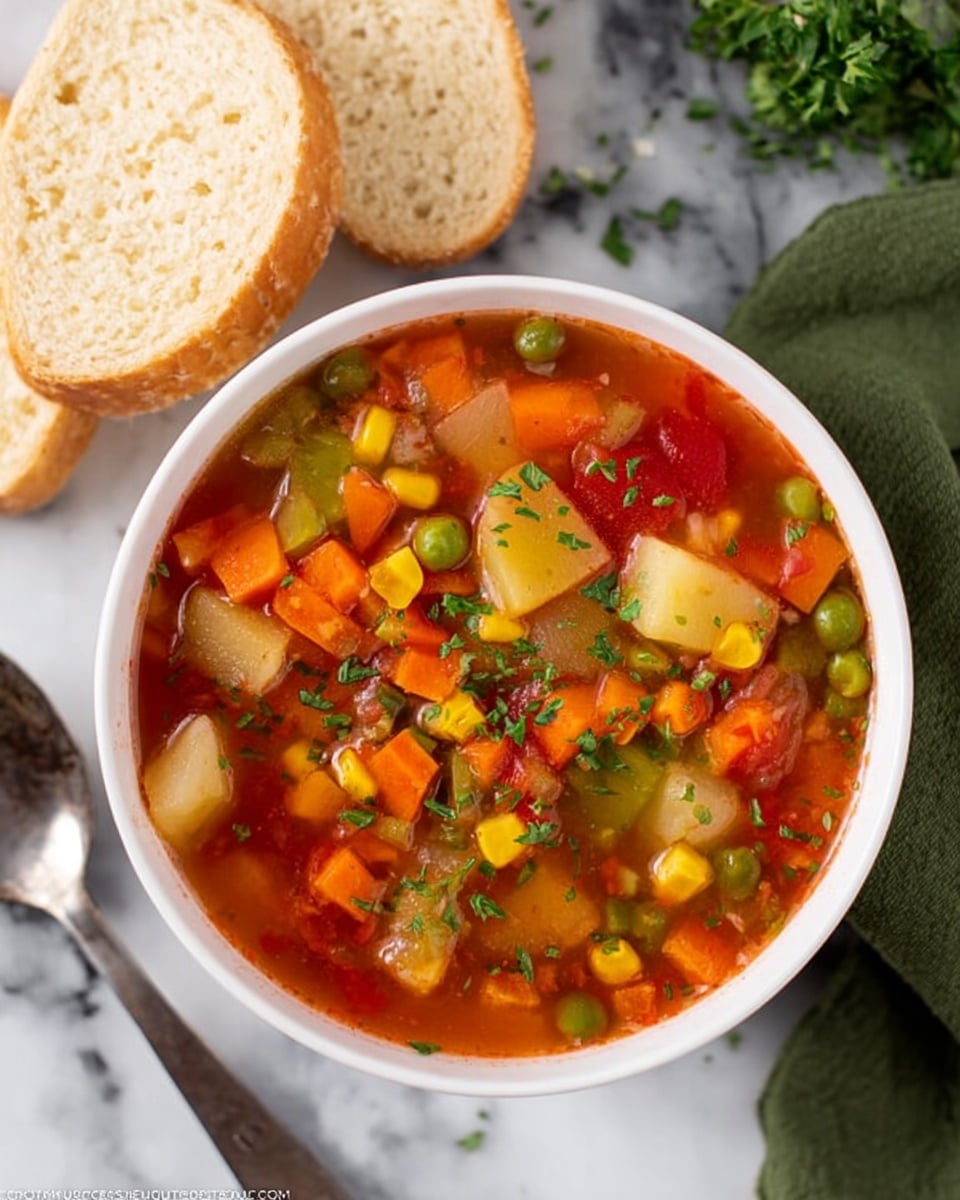 A white bowl filled with chunky vegetable soup shows a colorful mix of diced orange carrots, red tomatoes, green beans, yellow corn, and pale potatoes in a bright red broth. Small green herb flakes are sprinkled on top. The bowl is placed on a surface with a white marbled texture, and pieces of bread are visible to the right side. Photo taken with an iphone --ar 4:5 --v 7