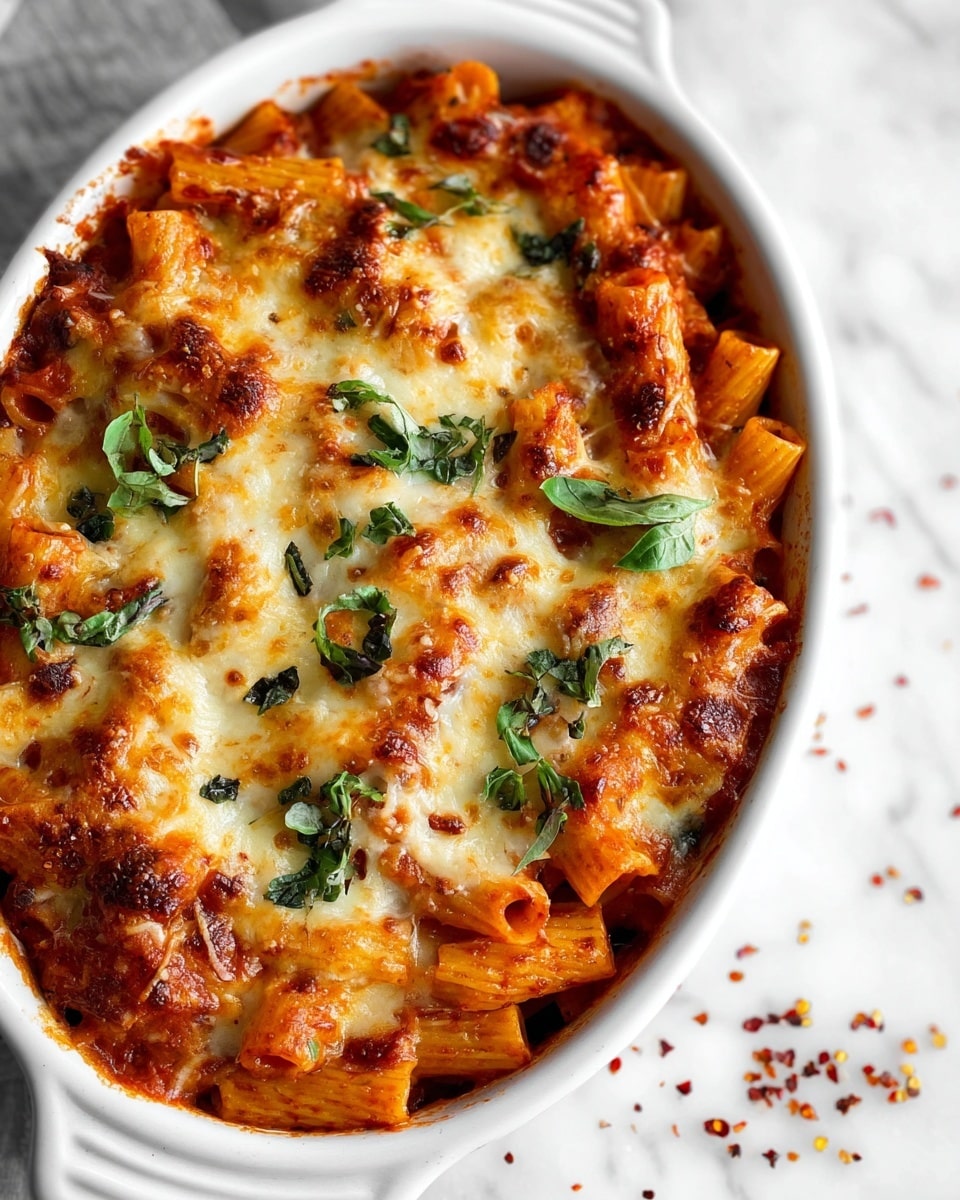 A white oval baking dish filled with baked pasta that has three visible layers: the bottom layer is a red tomato sauce with pasta mixed in, the middle layer shows rigatoni pasta coated in sauce, and the top layer is a golden-brown melted cheese with some bubbly spots and scattered red pepper flakes and torn fresh green basil leaves. The dish is set on a white marbled surface with some red pepper flakes scattered around. Photo taken with an iphone --ar 4:5 --v 7