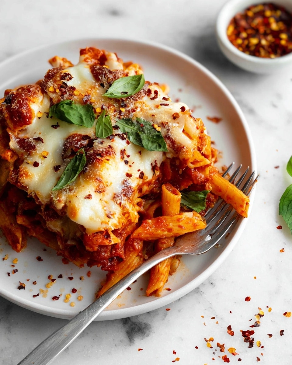 A white plate holds a serving of baked pasta with two layers visible: the bottom layer is orange-red pasta mixed with tomato sauce, and the top layer is melted white cheese with some browned spots. There are green basil leaves scattered on top, along with red chili flakes sprinkled over the dish and sauce. A silver fork rests on the plate, piercing some pasta on the right side. The plate sits on a white marbled surface with some chili flakes and basil leaves scattered around. In the background, a white bowl partially filled with red chili flakes is blurred. Photo taken with an iphone --ar 4:5 --v 7