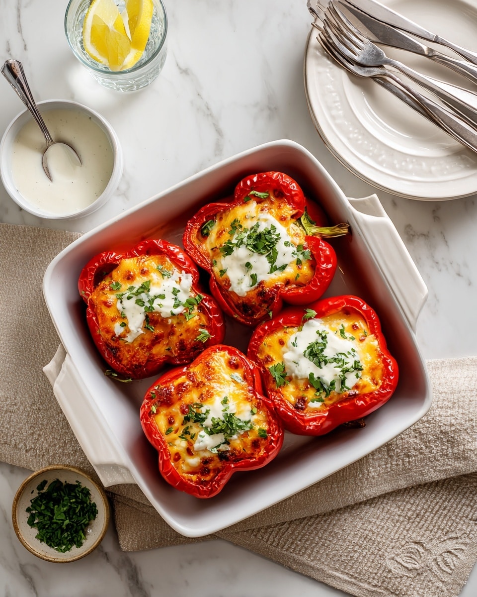A white square baking dish holds four roasted red bell peppers arranged in two rows. Each pepper is filled with melted orange cheese topped with white sauce and sprinkled with fresh green herbs. The peppers look soft and slightly wrinkled from roasting. Around the dish, there is a small glass bowl of white sauce with a spoon next to it, a clear glass with lemon water, a small bowl of chopped green herbs, and stacked white plates with silver cutlery. The whole setup is on a white marbled surface with a beige cloth near the baking dish. Photo taken with an iphone --ar 4:5 --v 7