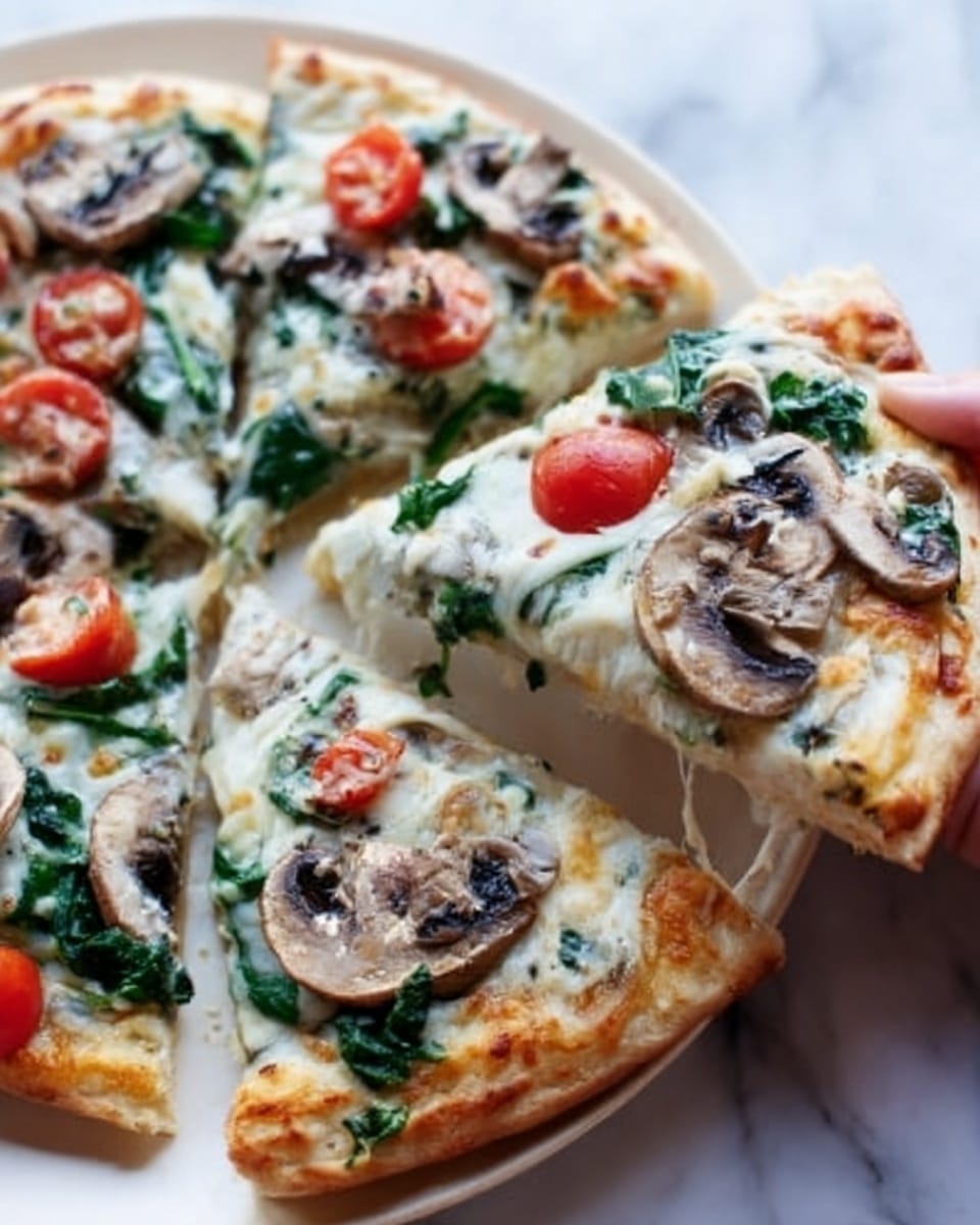 A white plate holds a sliced pizza with a thin, light golden crust. The pizza has several layers: a white creamy sauce spread evenly over the crust, a generous layer of melted light cheese, topped with fresh green spinach leaves scattered across, small red tomato pieces, and several whole sliced mushrooms with a soft brown color placed on top. One slice is being lifted by a woman's hand, showing the melted cheese stretching slightly. The background is a white marbled surface. photo taken with an iphone --ar 4:5 --v 7